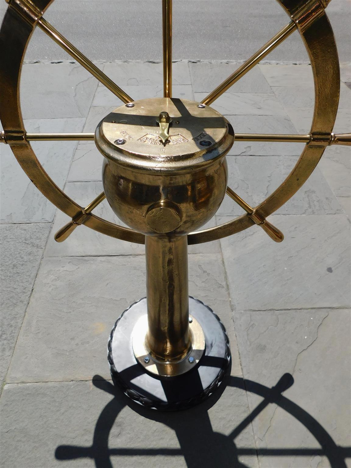 American Brass Nautical Ship Wheel Mounted on Geared Pedestal w/ Rope Base 1890 For Sale 3