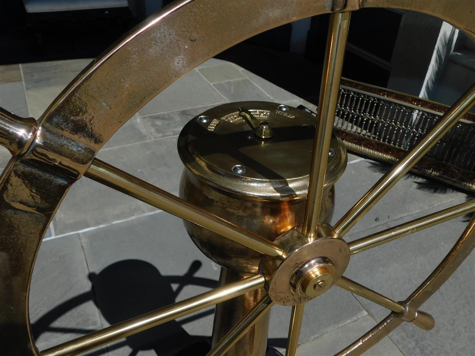 American Empire American Brass Nautical Ship Wheel Mounted on Geared Pedestal w/ Rope Base 1890 For Sale