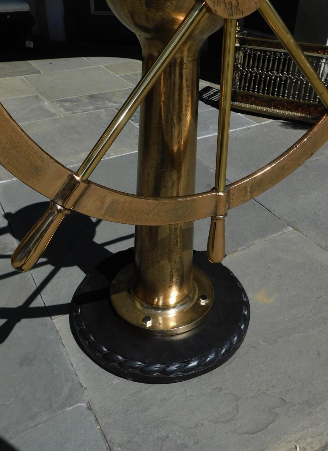 Hand-Carved American Brass Nautical Ship Wheel Mounted on Geared Pedestal w/ Rope Base 1890 For Sale