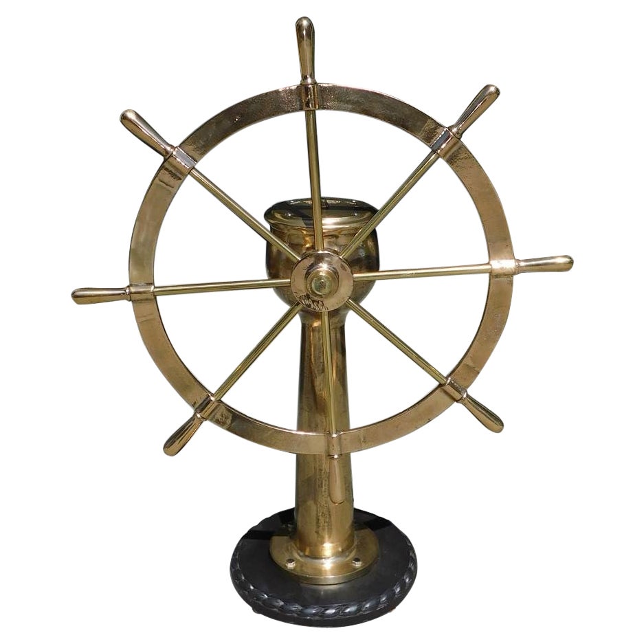 Ruota di nave nautica in ottone americano montata su piedistallo a ingranaggi con base di corda 1890