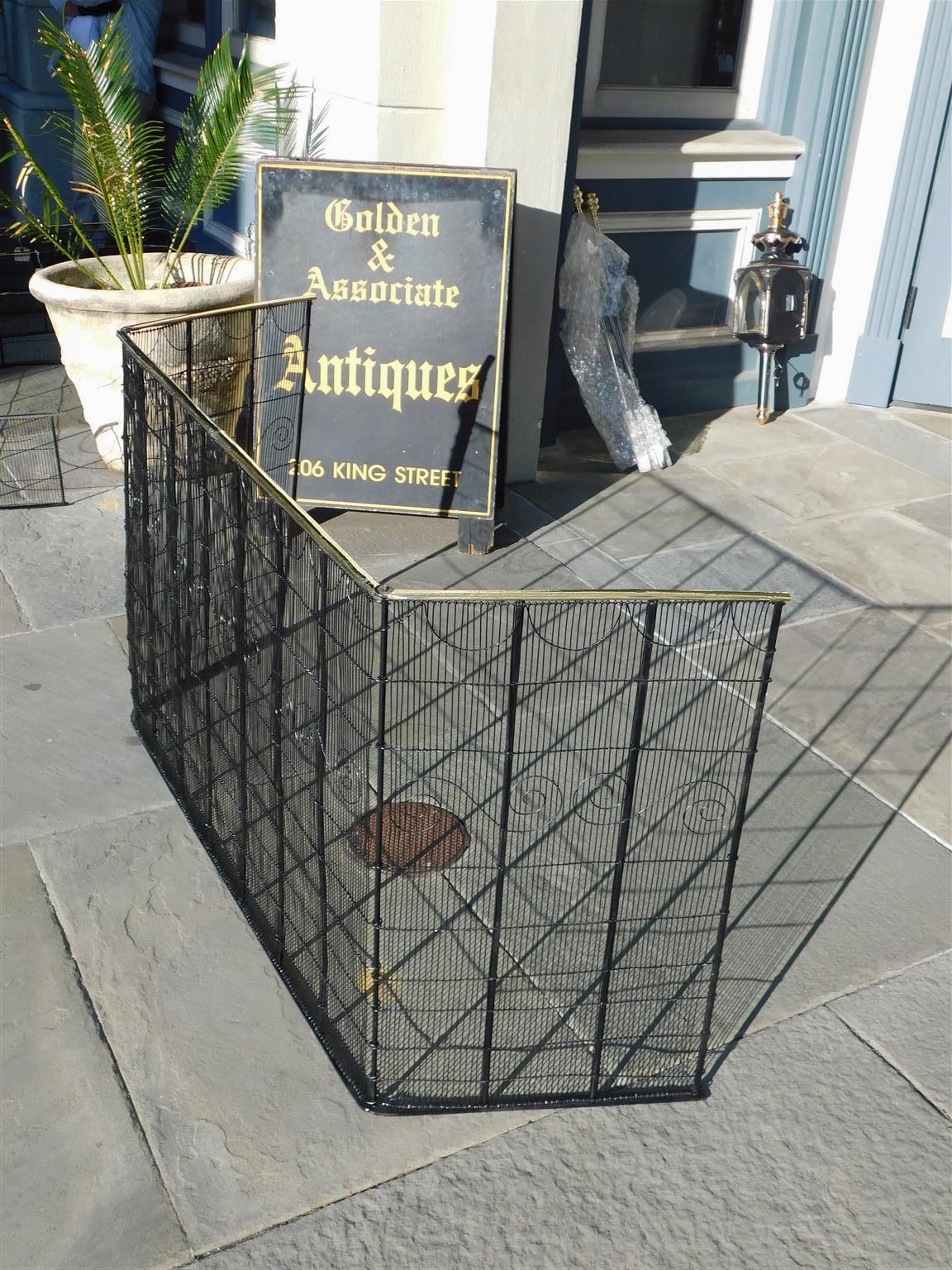 Hand-Painted American Brass Rail and Pleasing Wire Work Folding Fire Place Screen, C. 1790