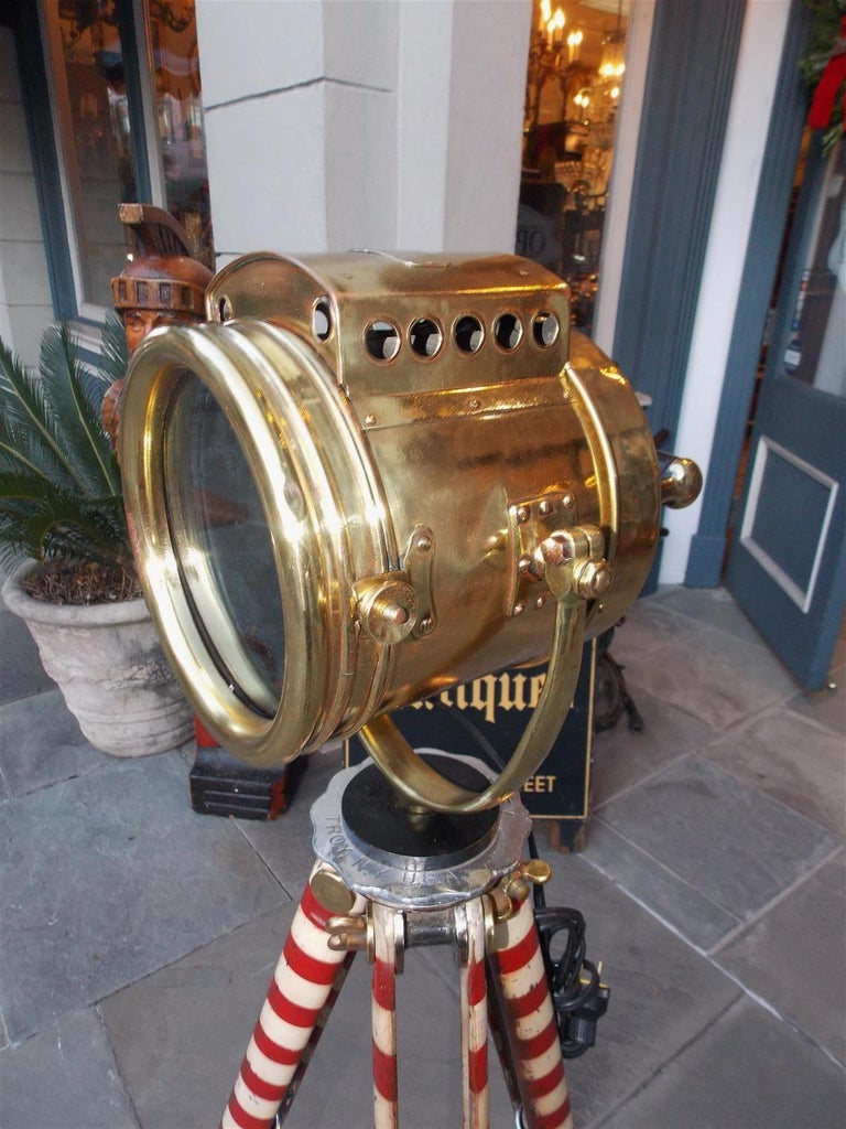 American Brass Spot Light on Telescopic Barber Pole Tripod Stand, NY