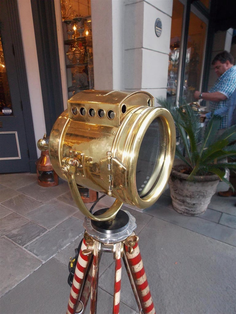 American Brass Spot Light on Telescopic Barber Pole Tripod Stand, NY