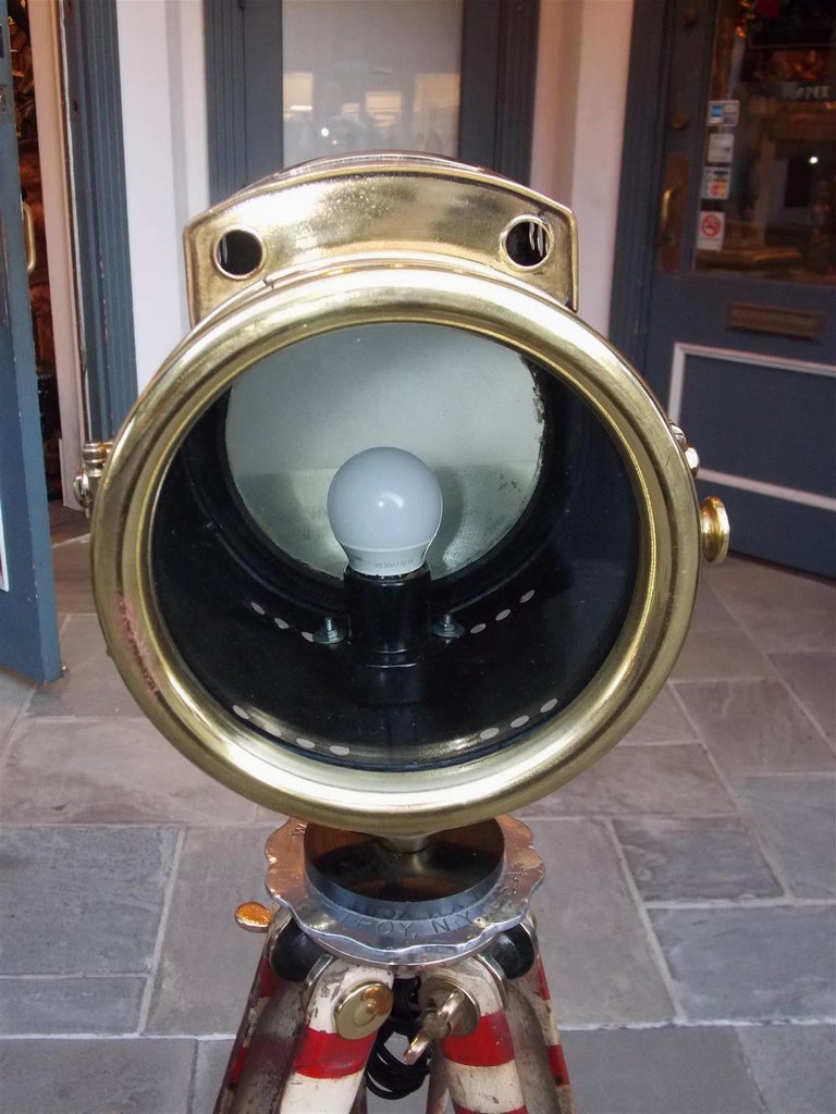 American Brass Spot Light on Telescopic Barber Pole Tripod Stand, NY