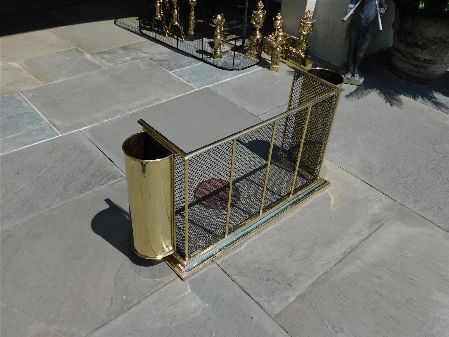 American Empire American Brass & Wire Fire Place Fender with Flanking Canister Tool Holders 1850 For Sale