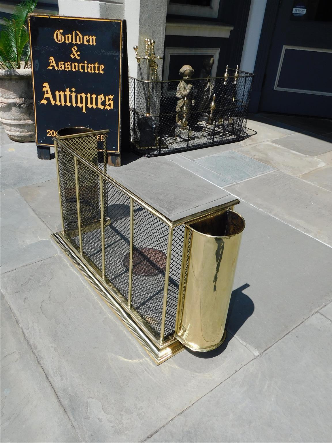 Cast American Brass & Wire Fire Place Fender with Flanking Canister Tool Holders 1850 For Sale