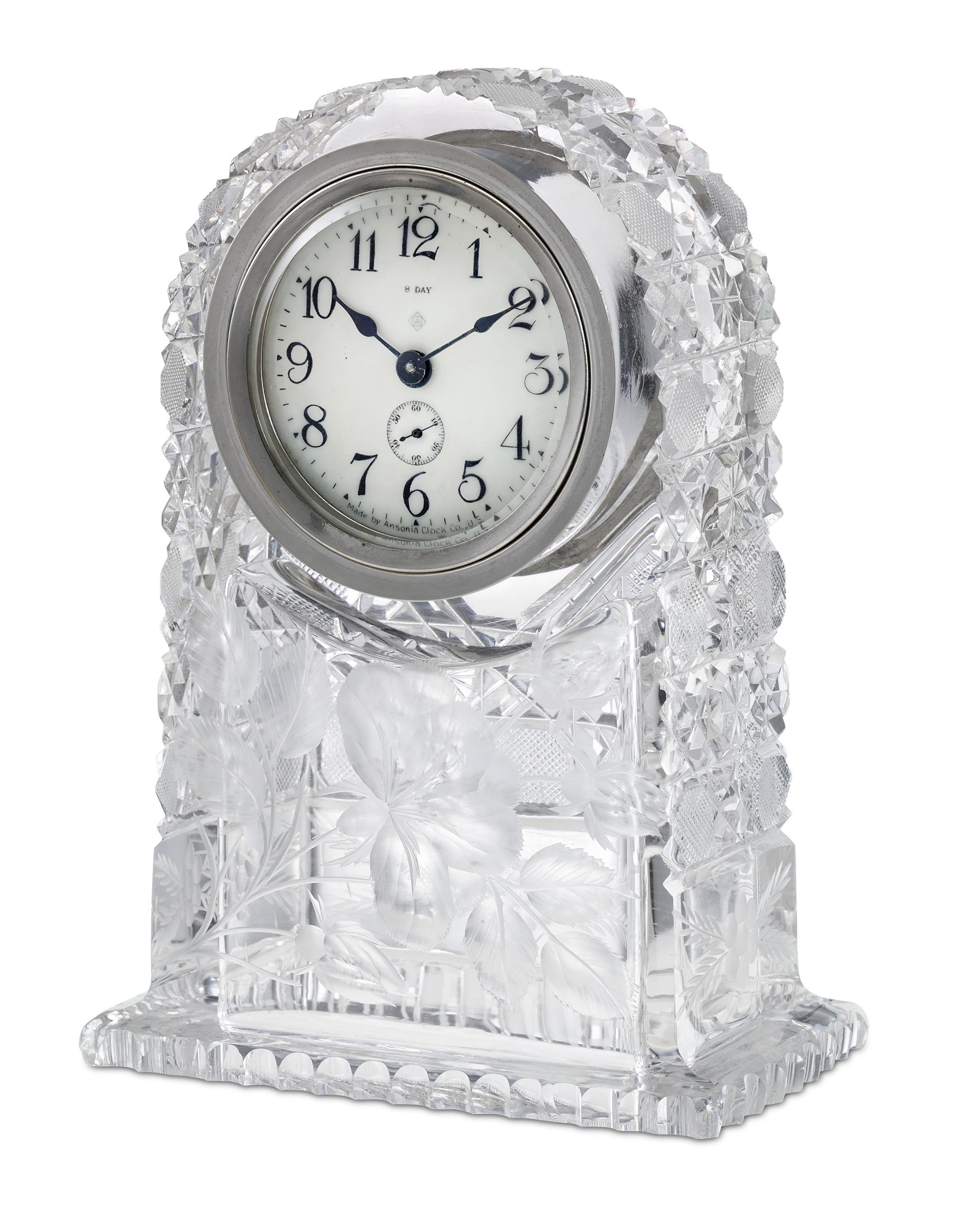 A truly elegant example, this American Brilliant Period cut glass clock is adorned with an ornate intaglio cut cane and floral motif. Clock marked Ansonia Clock Co. Circa 1910 8 1/4