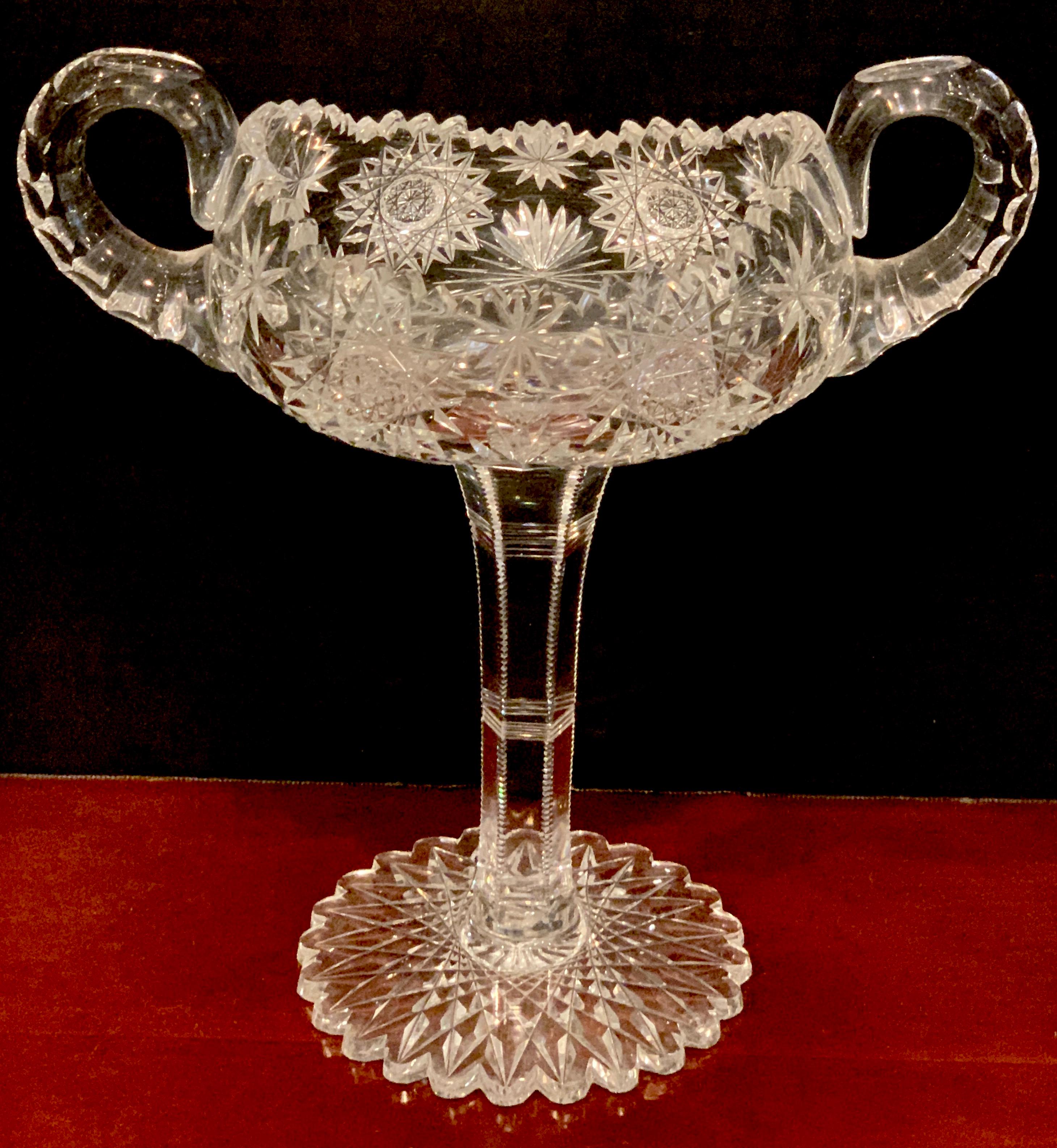 American brilliant cut glass footed double- handled nappy, thick clear blank, rare form
The interior of the bowl measures 5