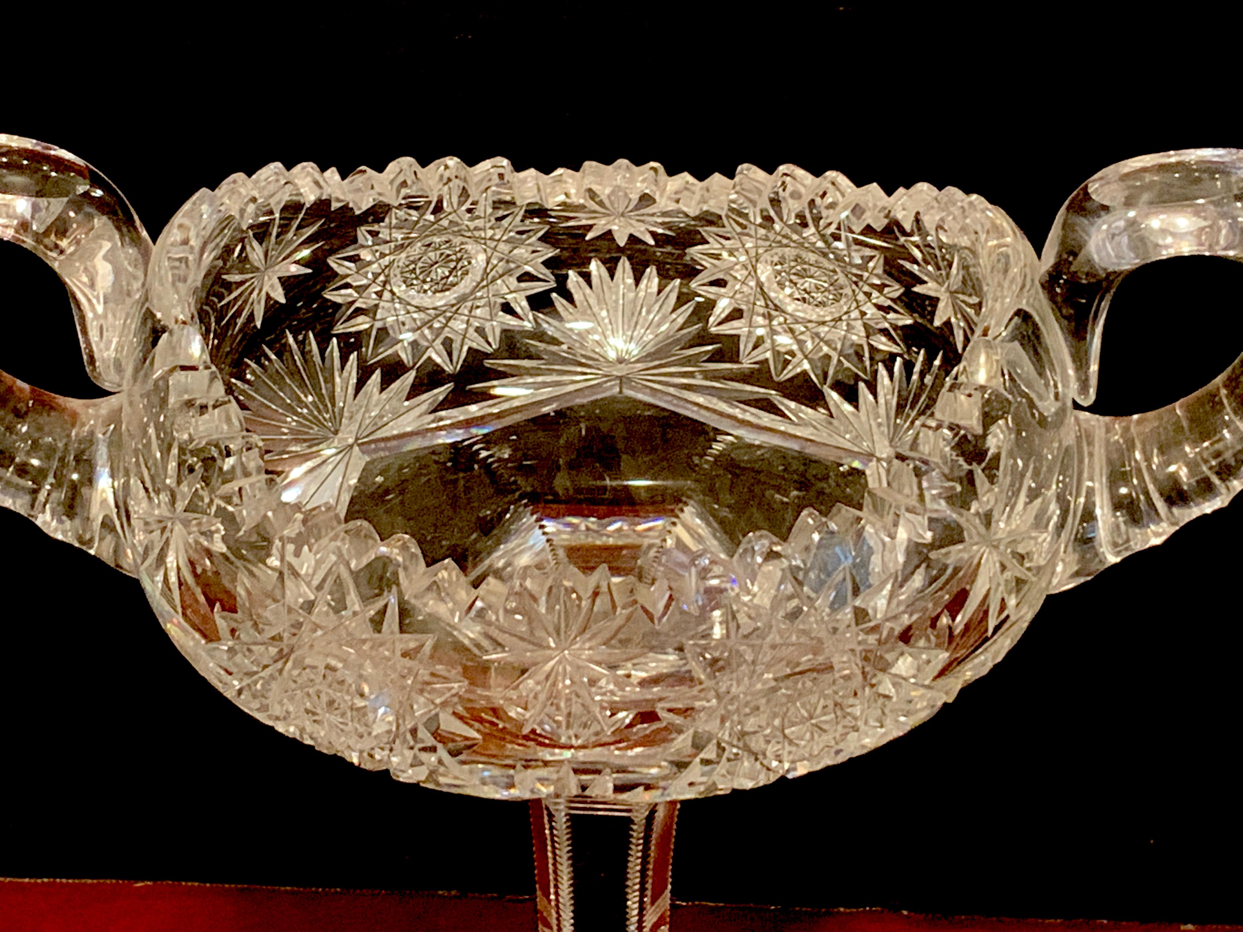 High Victorian American Brilliant Cut Glass Footed Double, Handled Nappy For Sale