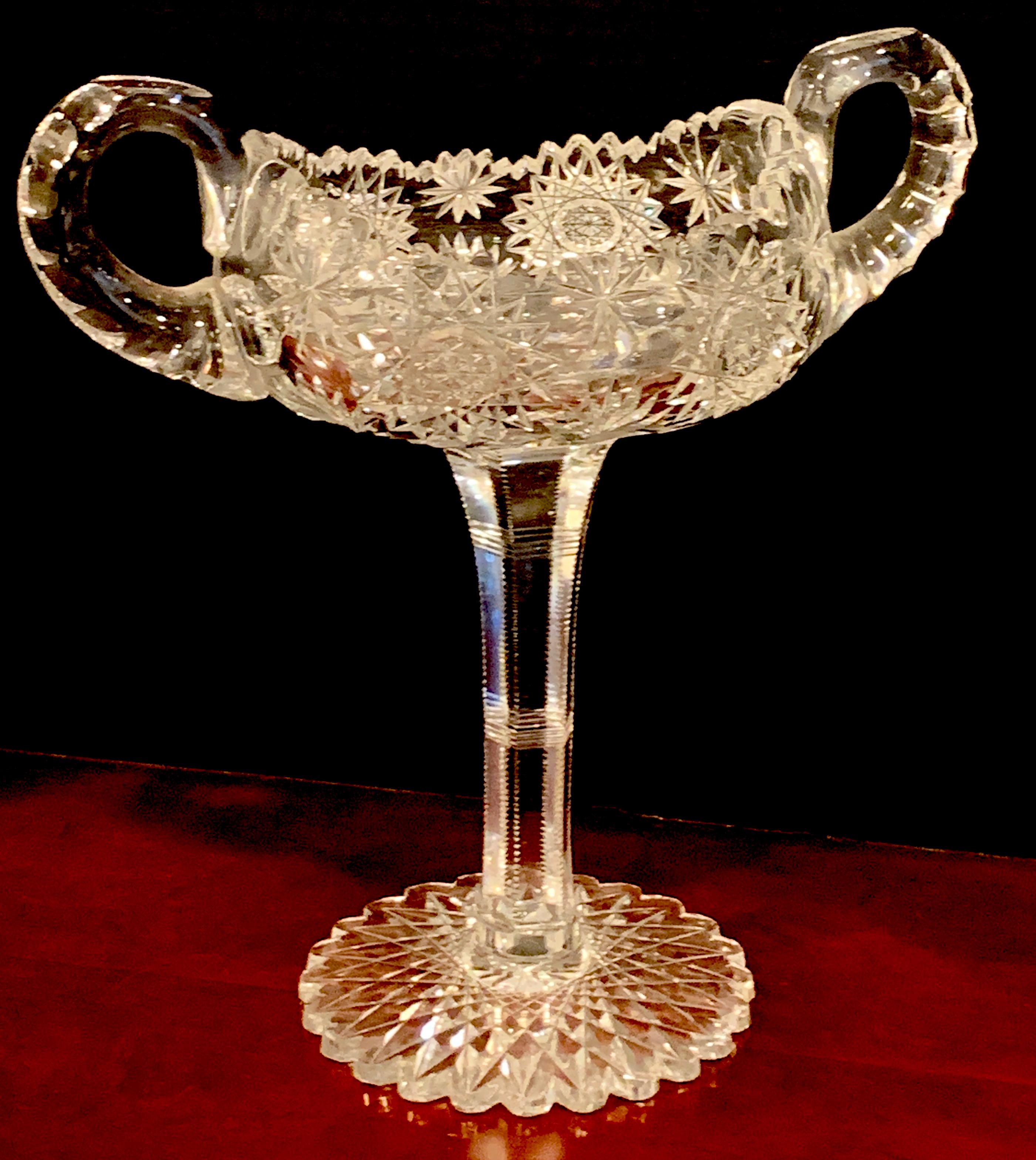 19th Century American Brilliant Cut Glass Footed Double, Handled Nappy For Sale