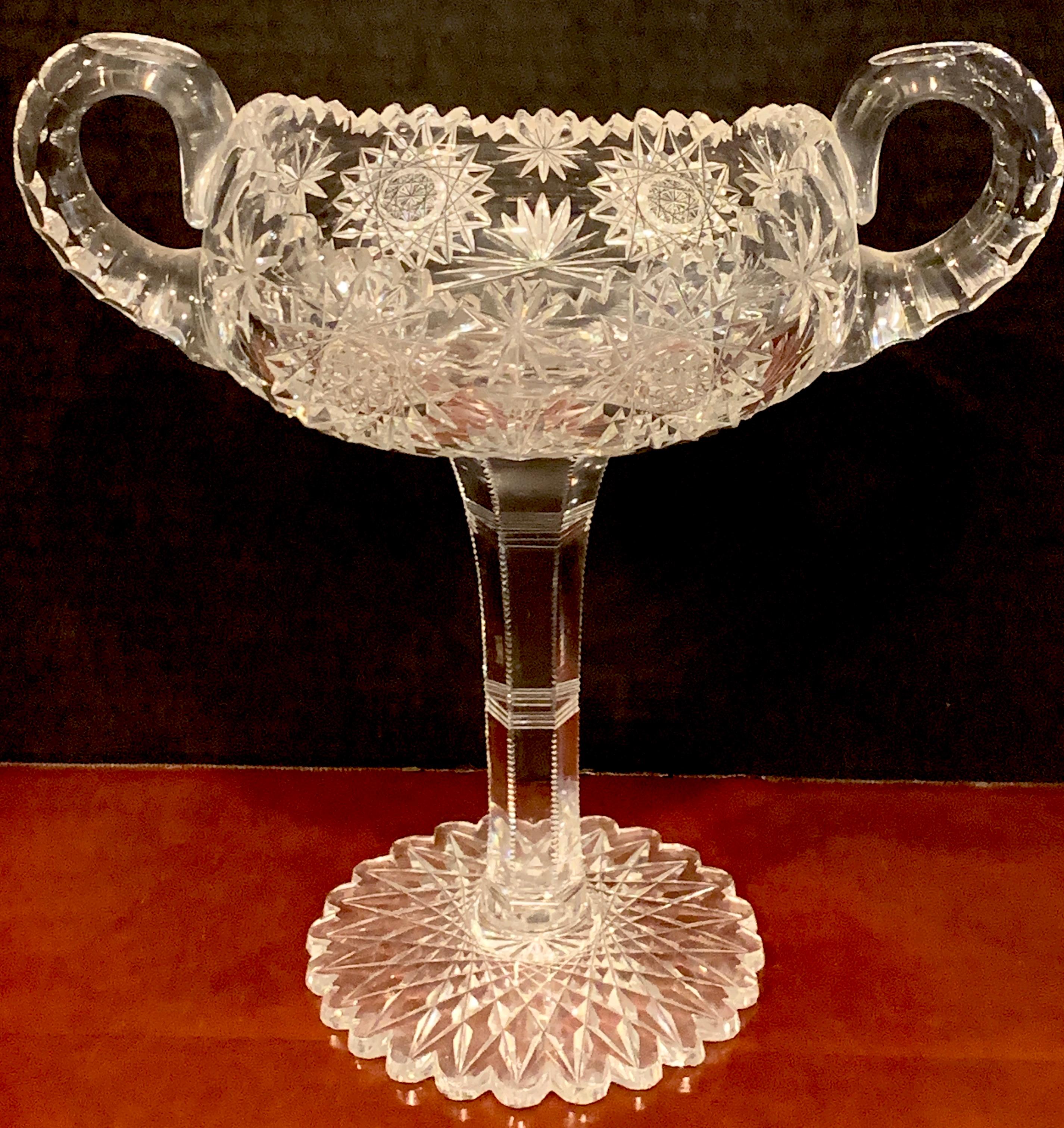 American Brilliant Cut Glass Footed Double, Handled Nappy For Sale 3