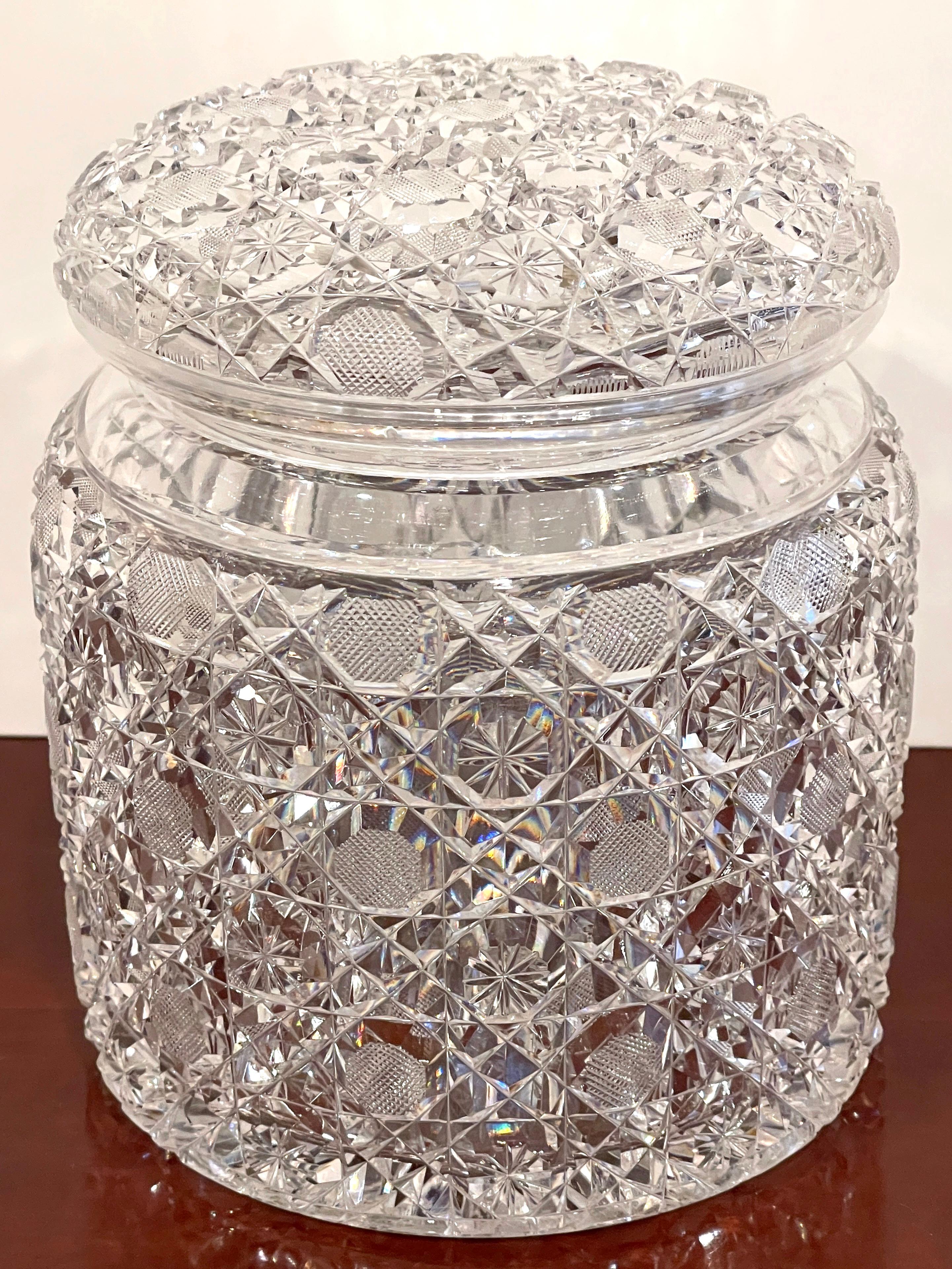 American Brilliant Cut Glass 'Russian'Pattern Covered Jar/ Humidor
Circa 1890s, Attributed to T.G. Hawkes & Co. 

A remarkable piece of American Brilliant Cut Glass craftsmanship: a 'Russian' Pattern Covered Jar/Humidor dating back to the 1890s.
