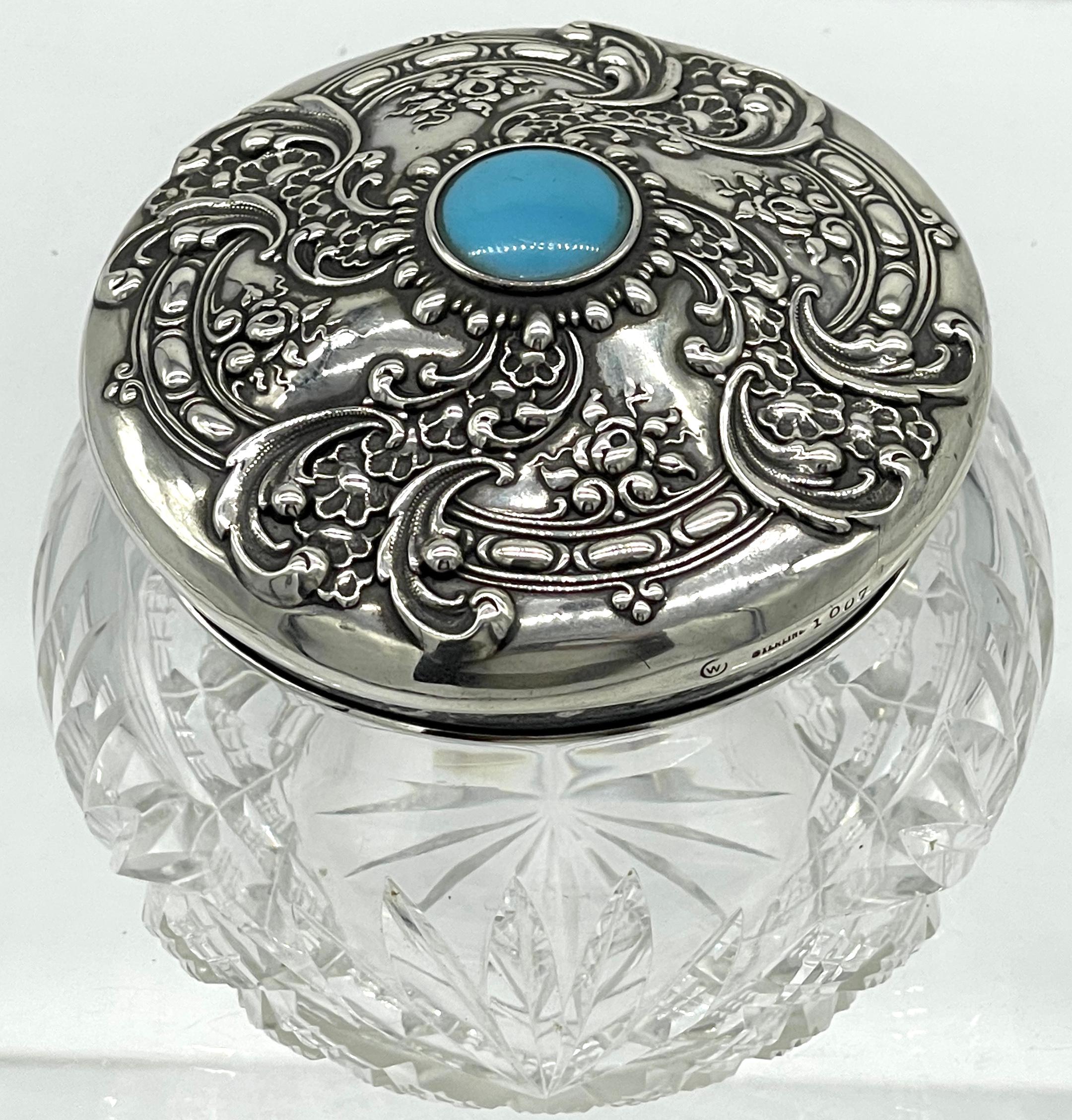 Belle Époque American Brilliant Cut Glass, Sterling & Turquoise Dresser Jar, by Whiting  For Sale