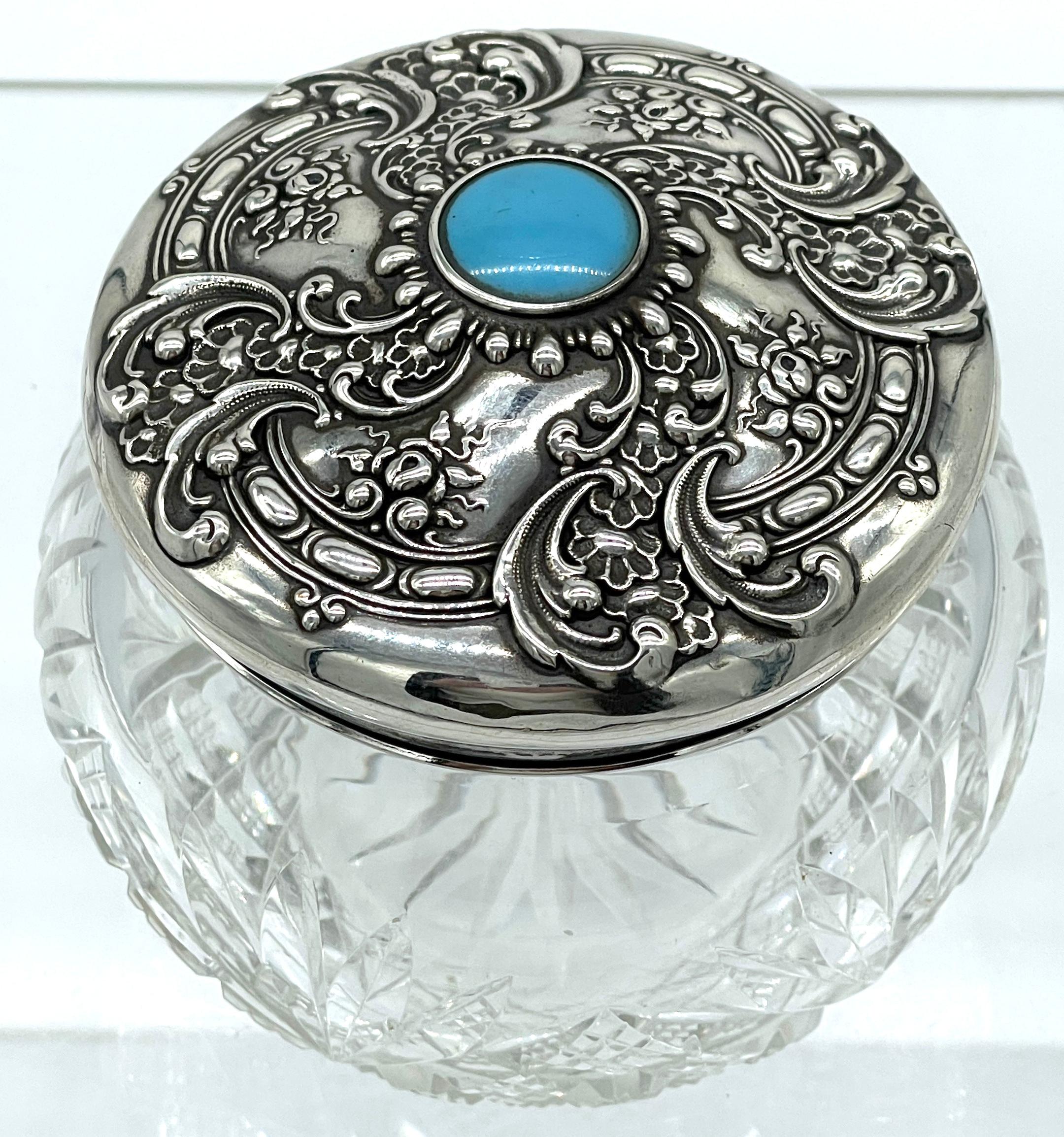 Sterling Silver American Brilliant Cut Glass, Sterling & Turquoise Dresser Jar, by Whiting  For Sale