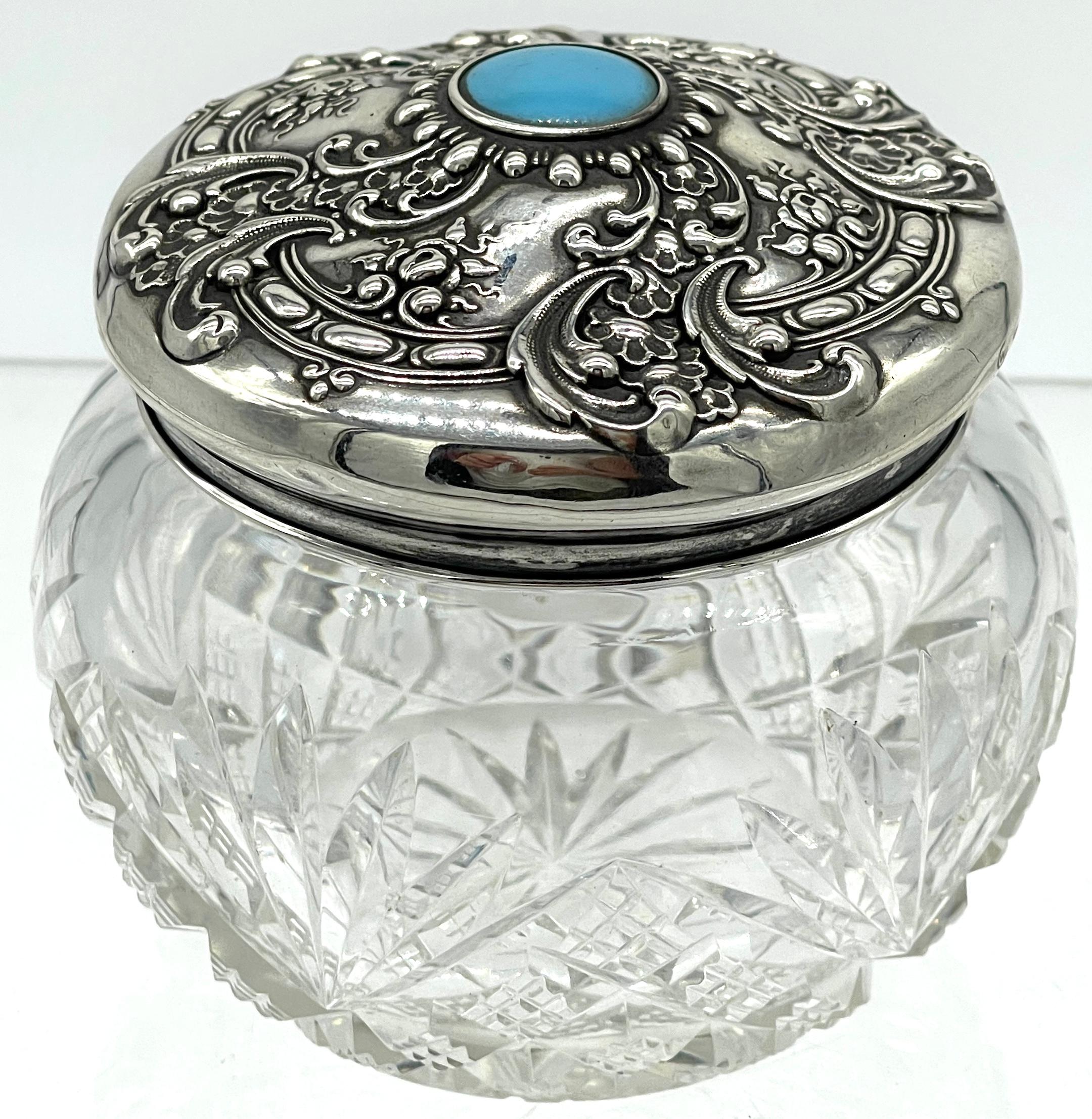 American Brilliant Cut Glass, Sterling & Turquoise Dresser Jar, by Whiting  For Sale 1