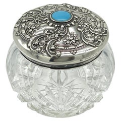 Used American Brilliant Cut Glass, Sterling & Turquoise Dresser Jar, by Whiting 