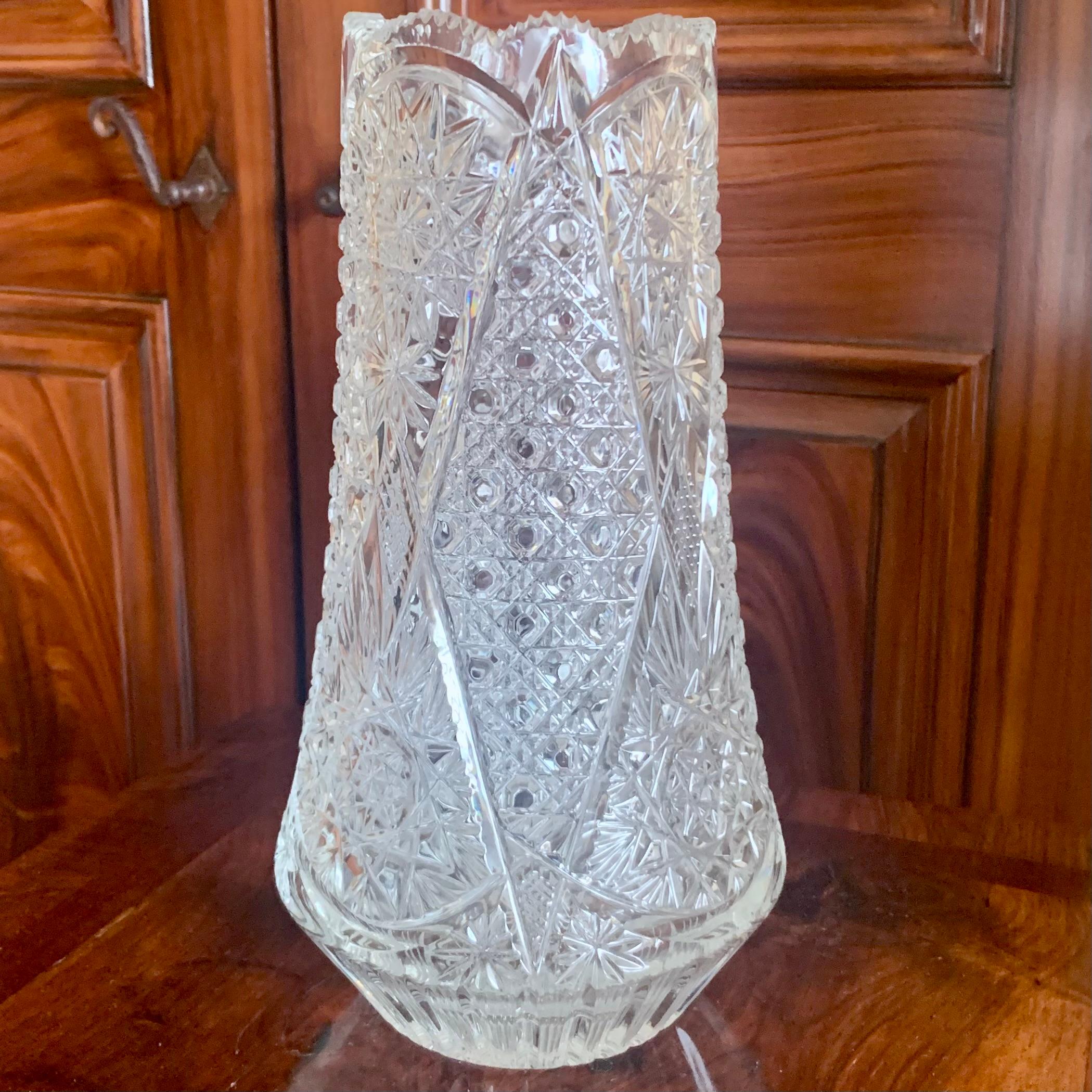 American Brilliant Cut Style Moulded Tall Glass Vase 3