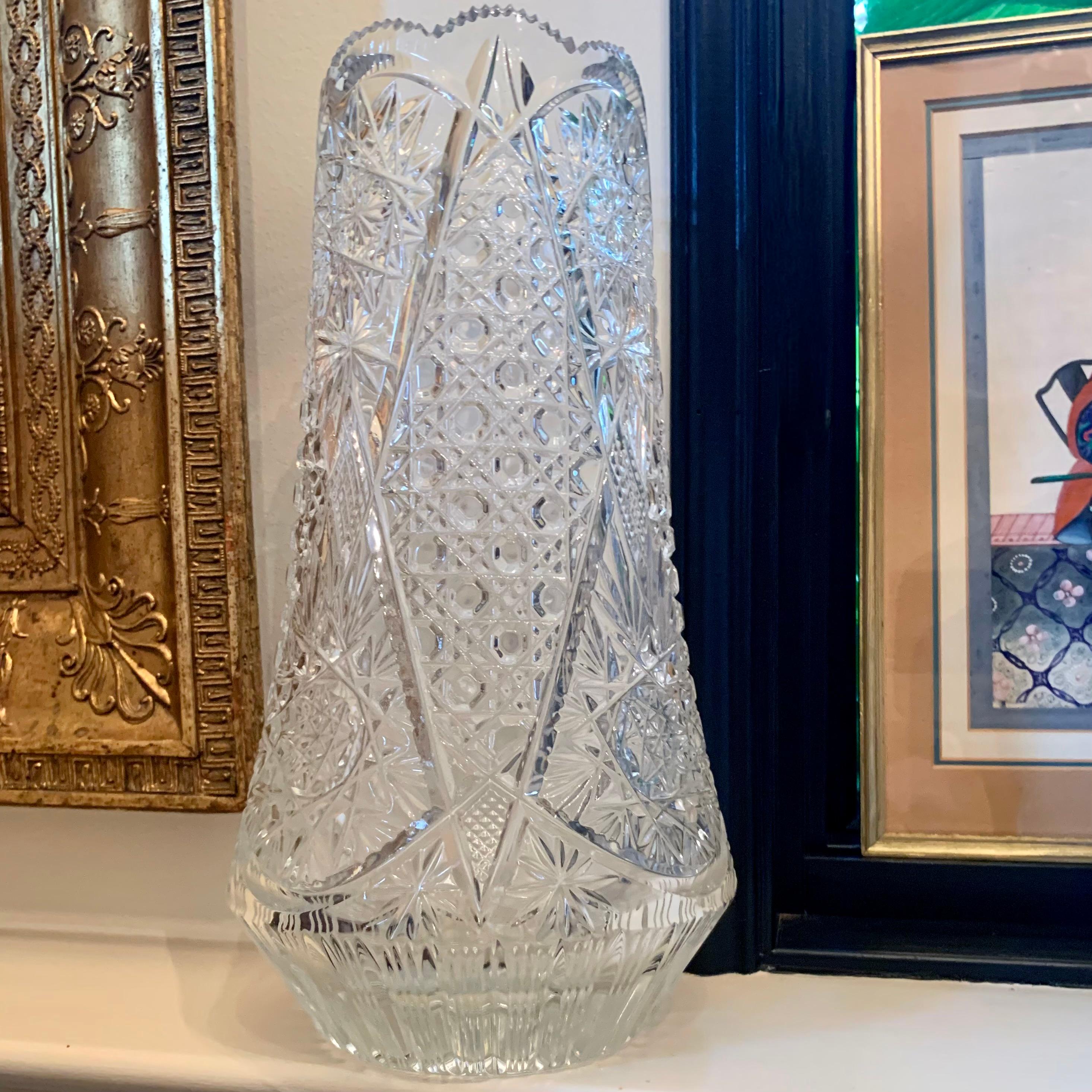 American Brilliant Cut Style Moulded Tall Glass Vase 9