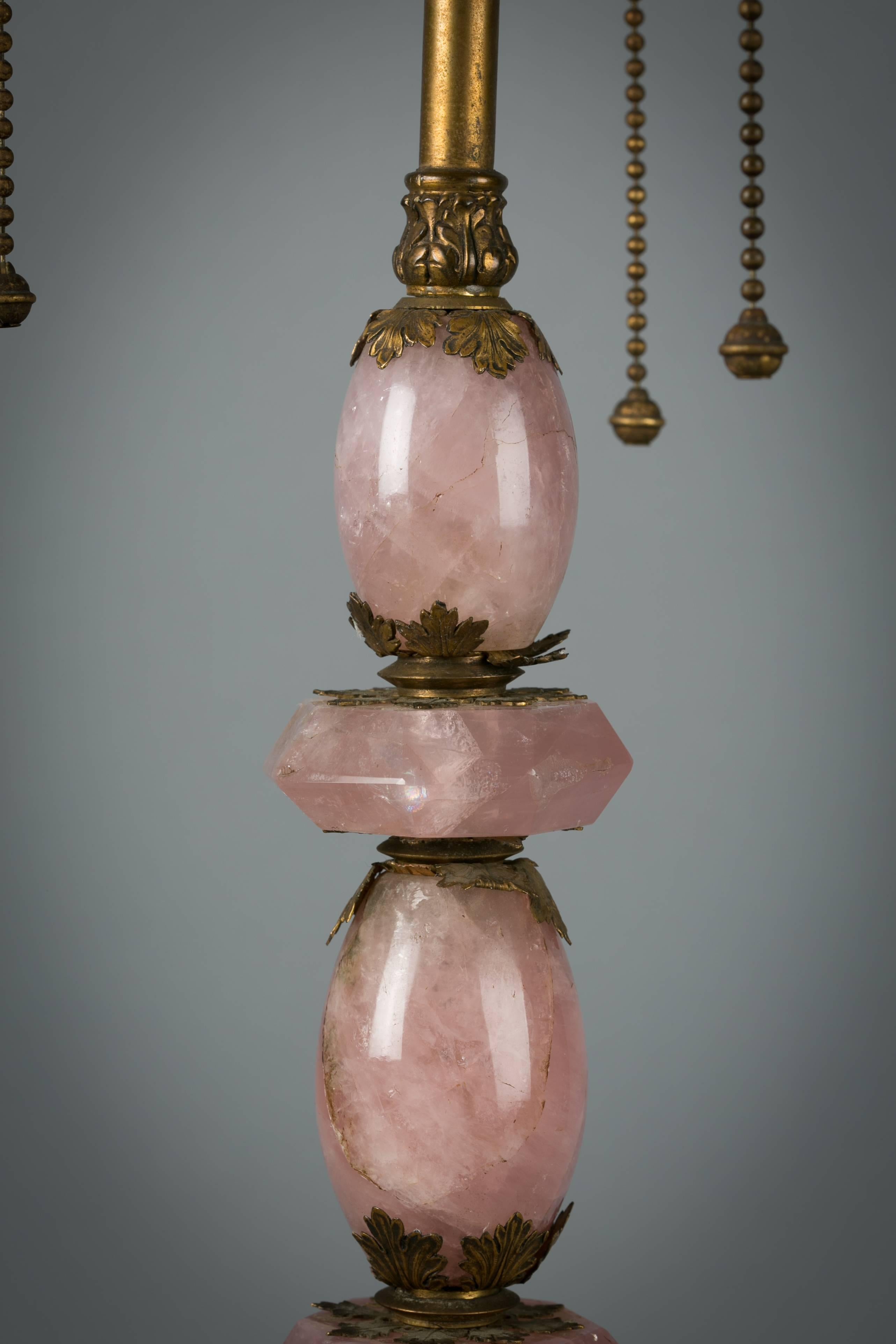 American bronze and rose quartz lamp, circa 1900. Made by E.F. Caldwell and Co.