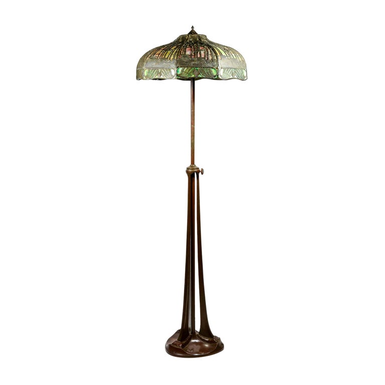 American Bronze And Stained Glass Floor Lamp By Handel For At 1stdibs Stained Glass Floor Lamp By Handel, Vintage Floor Lamps With Glass Shader