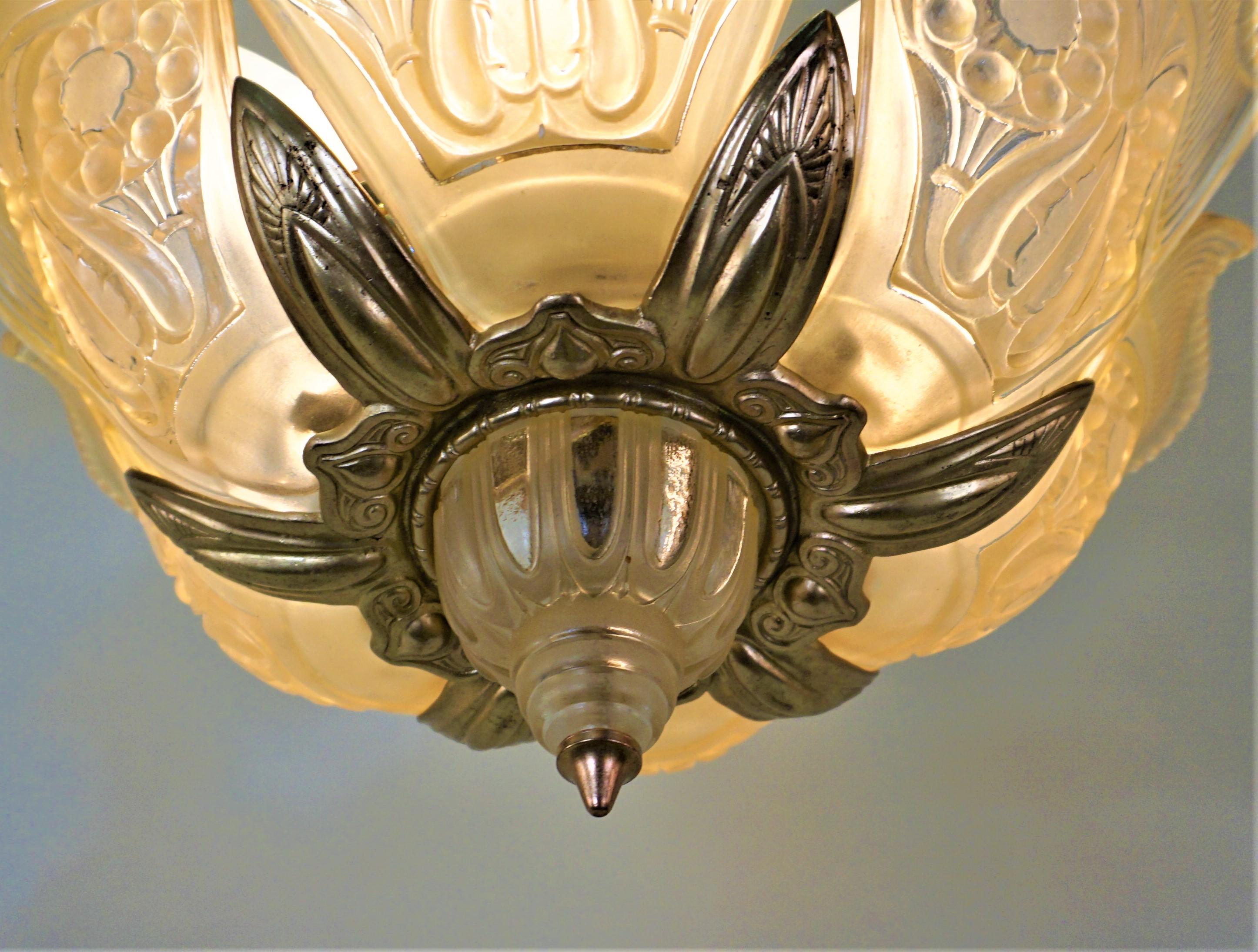 American Bronze Art Deco Semi Flushmount Chandelier In Good Condition In Fairfax, VA