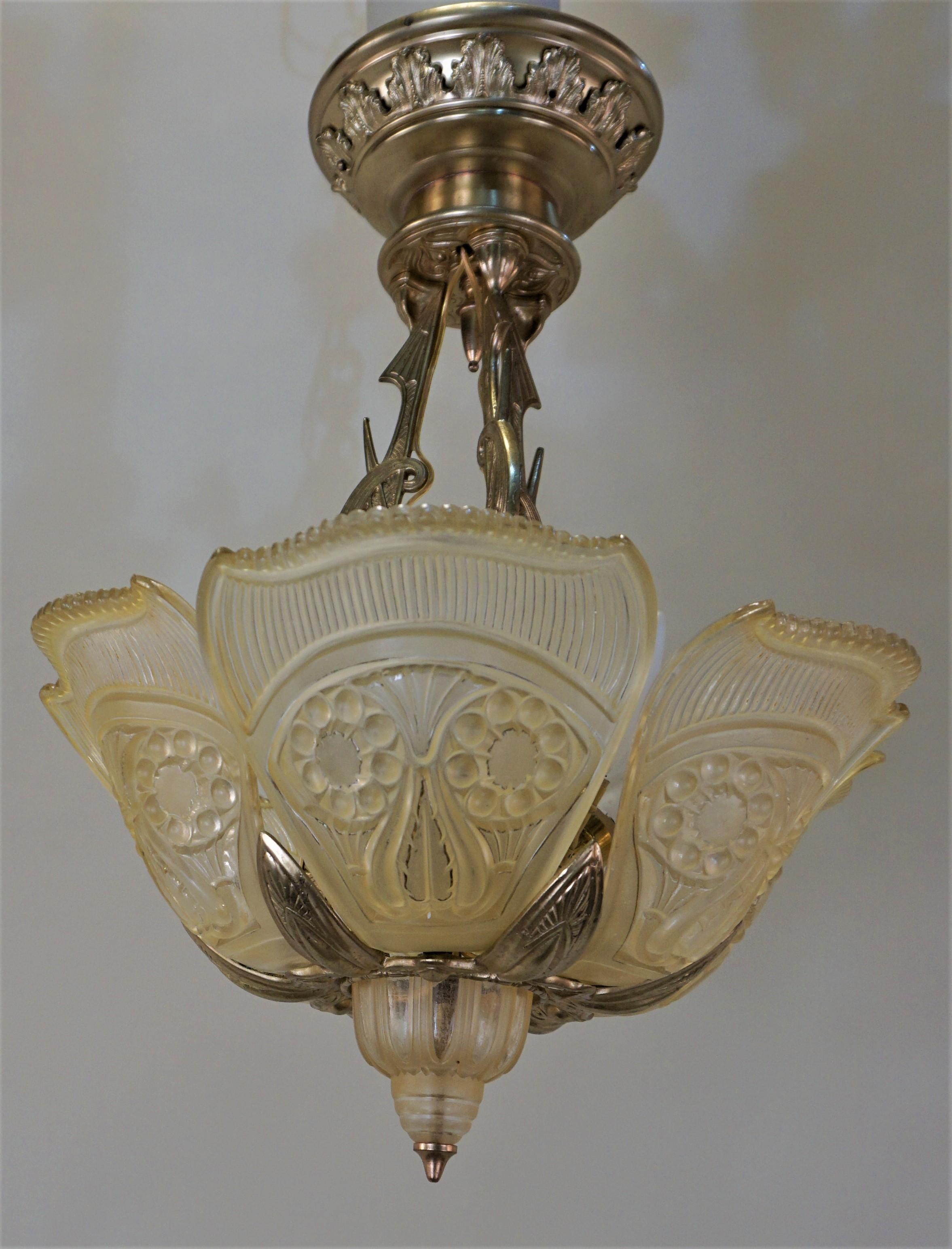 American Bronze Art Deco Semi Flushmount Chandelier 4