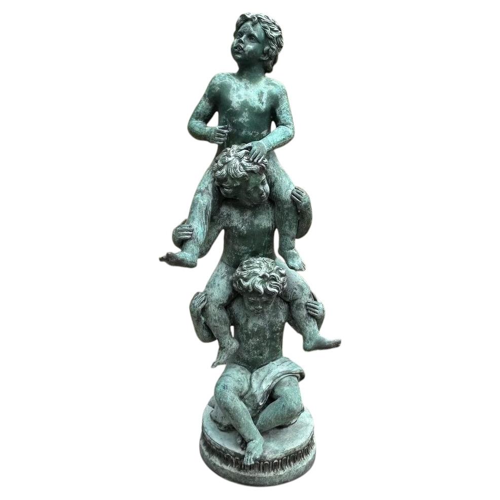 American Bronze Garden Sculpture Fountain of Three Children on Shoulders C 1850 For Sale