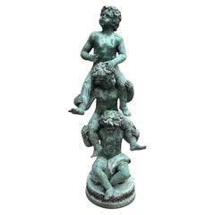 American Bronze Garden Sculpture Fountain of Three Children on Shoulders C 1850