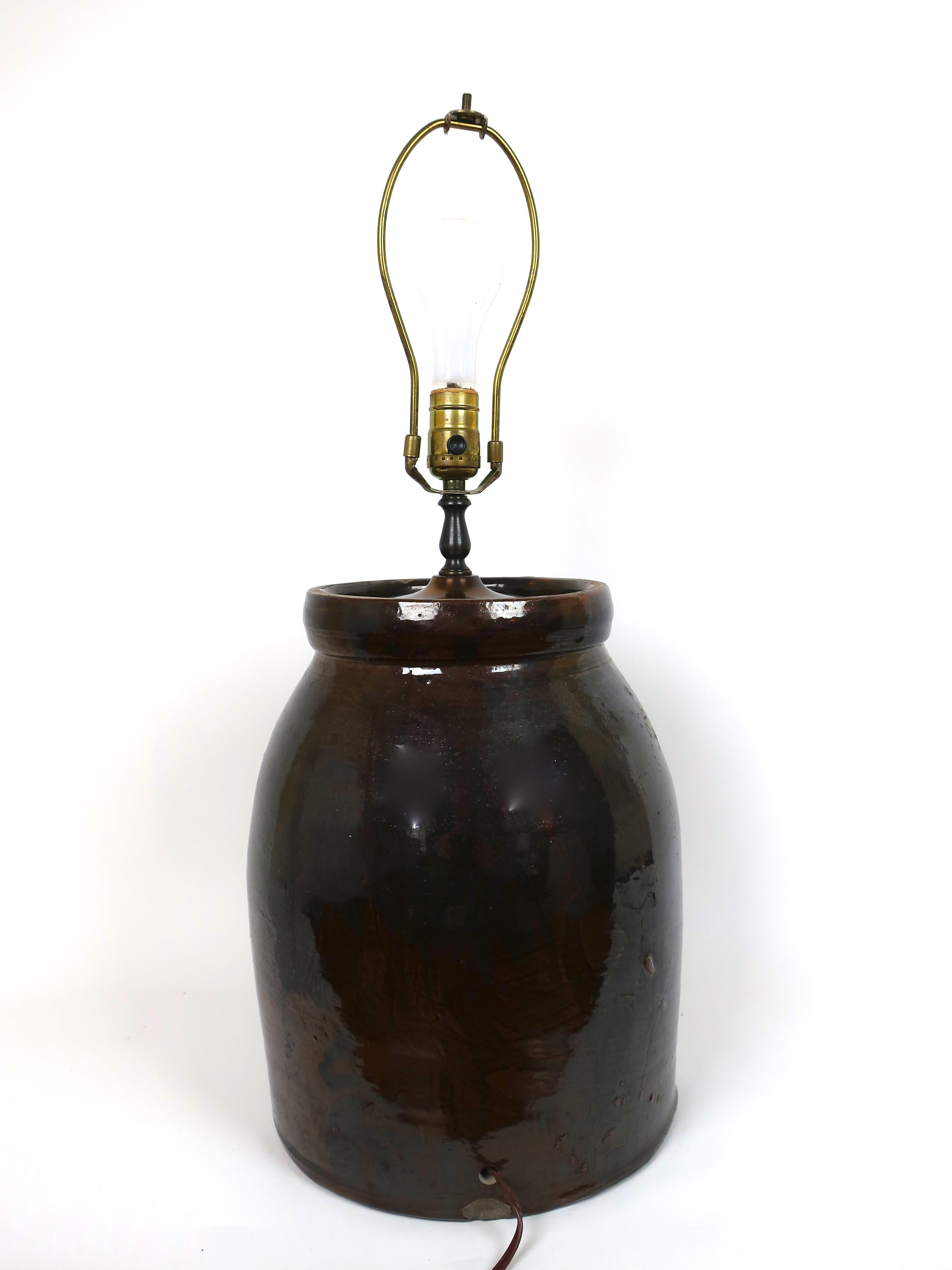 American Brown Glazed Jug/Crock Lamp In Distressed Condition In Carmel, CA