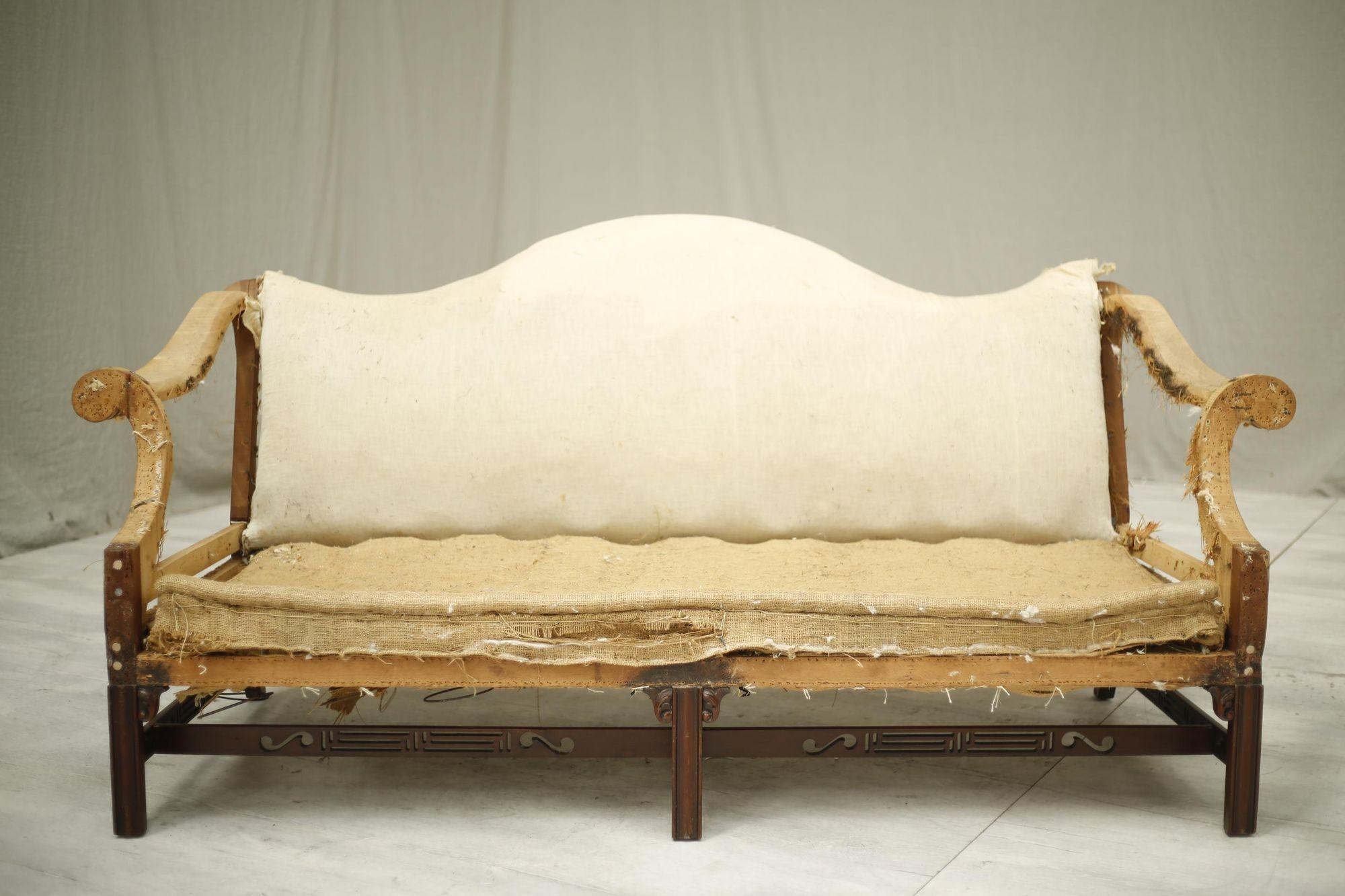 20th Century American c.1930's Camel Backed Sofa with Fret Work Stretcher For Sale