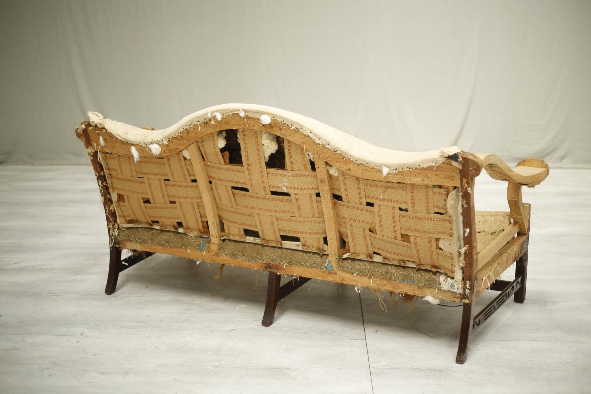 American c.1930's Camel Backed Sofa with Fret Work Stretcher For Sale 2