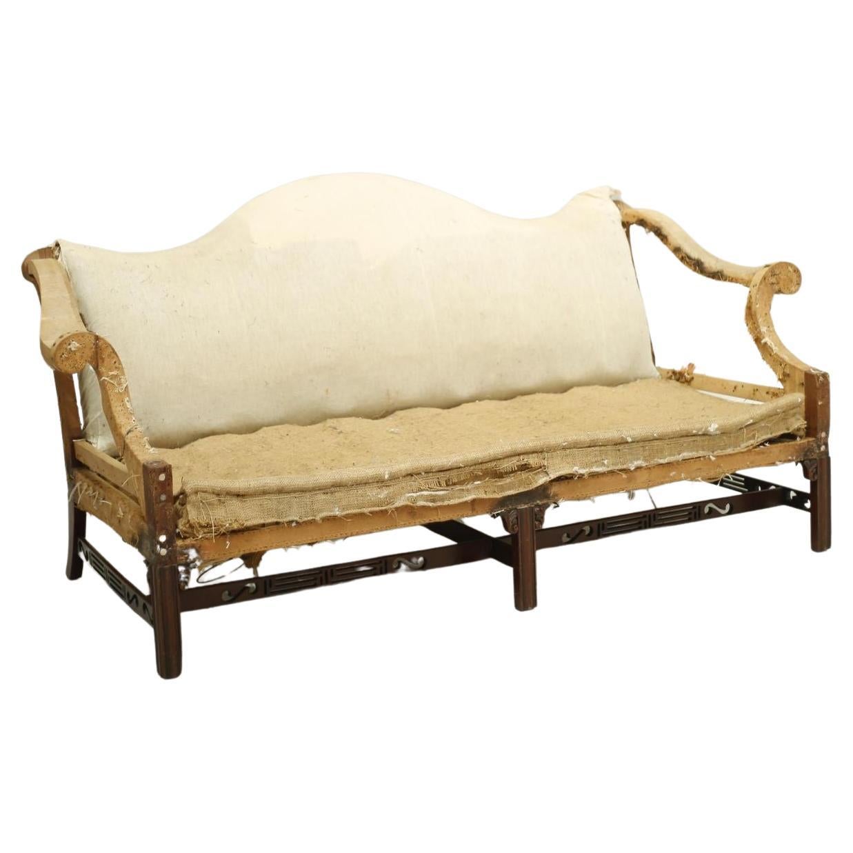American c.1930's Camel Backed Sofa with Fret Work Stretcher For Sale