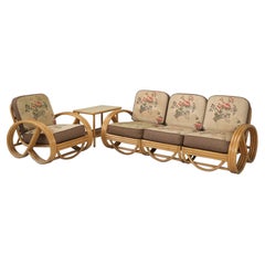 American c1950's Rattan Sectional Sofa, with Matching Arm Chair and Side Table