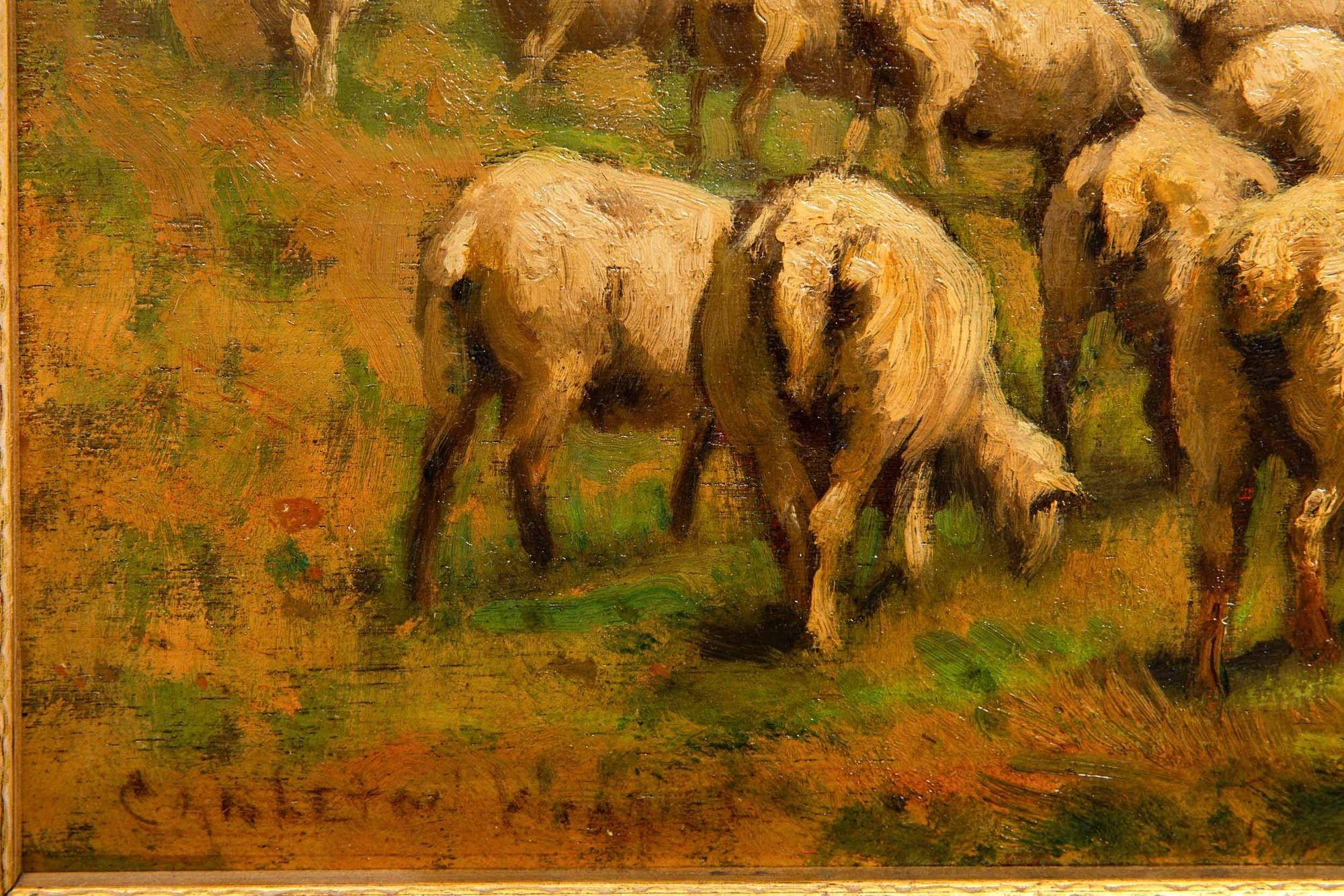 Carleton Wiggins Pintura impresionista Barbizon Paisaje Ovejas siglo XX en venta