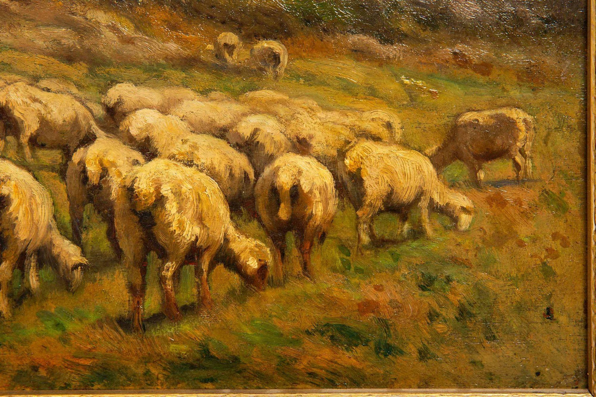 Carleton Wiggins Pintura impresionista Barbizon Paisaje Ovejas Lienzo en venta