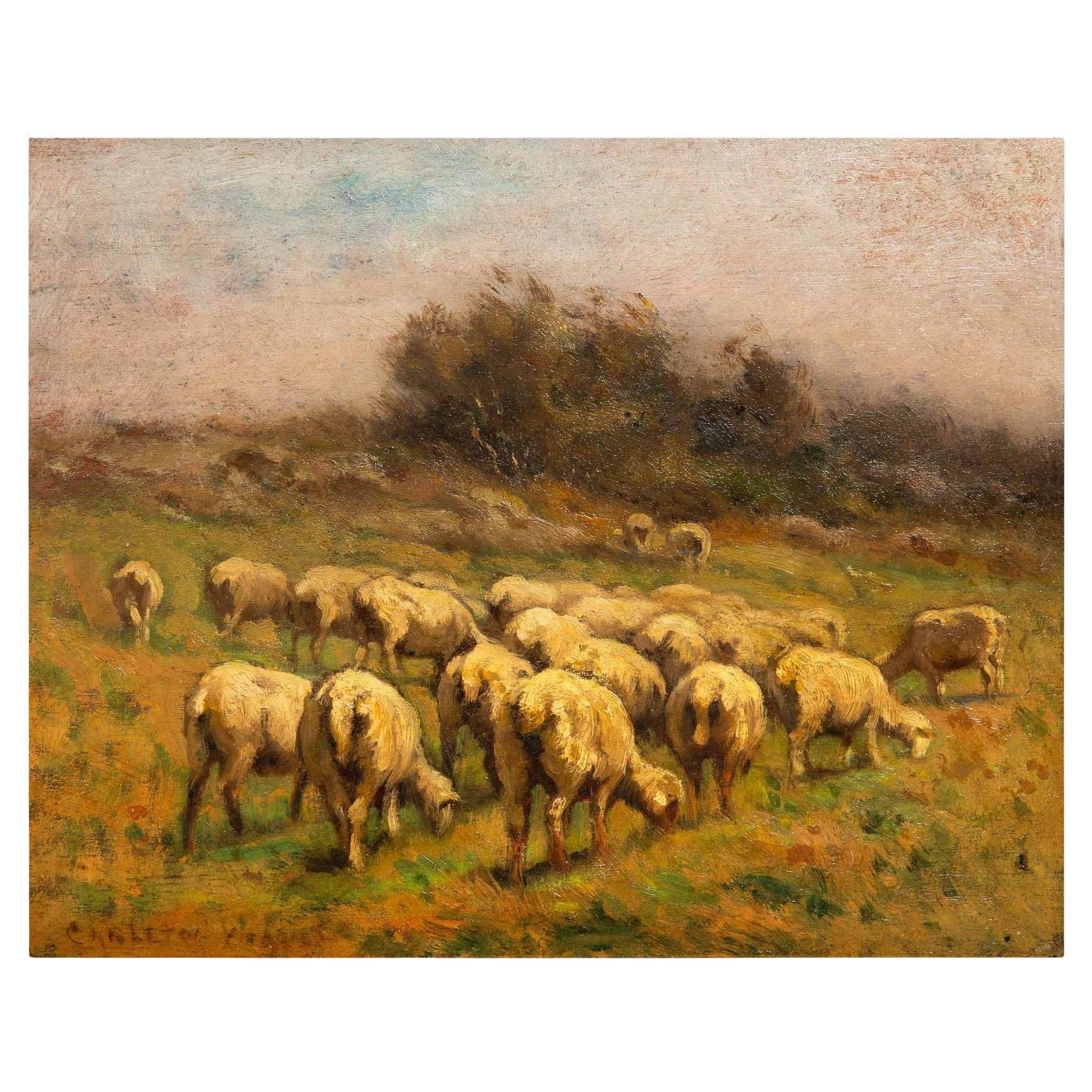 American Carleton Wiggins Impressionist Barbizon Landscape Painting Sheep
