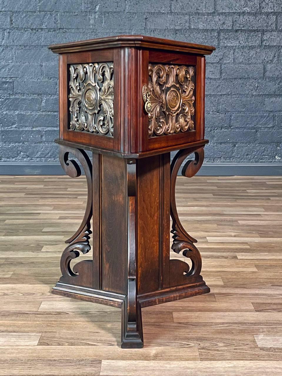 Early 20th Century American Carved Mahogany Smoking / Humidor Cabinet w/ Copper Lining For Sale