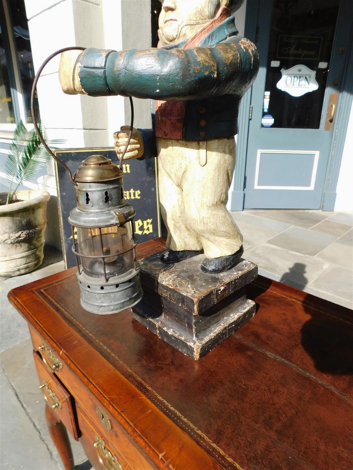 Hand-Carved American Carved Wood & Painted Ship Officer on Watch with Ship Lantern, C. 1890  For Sale