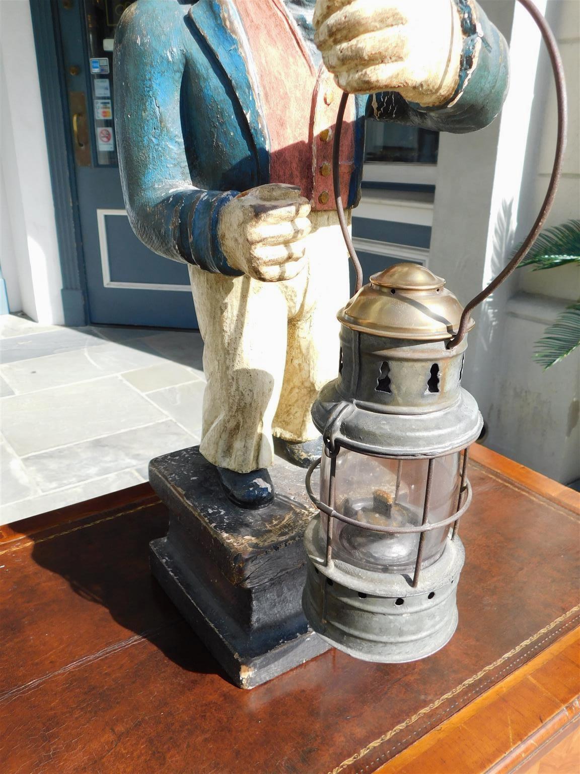 Late 19th Century American Carved Wood & Painted Ship Officer on Watch with Ship Lantern, C. 1890  For Sale