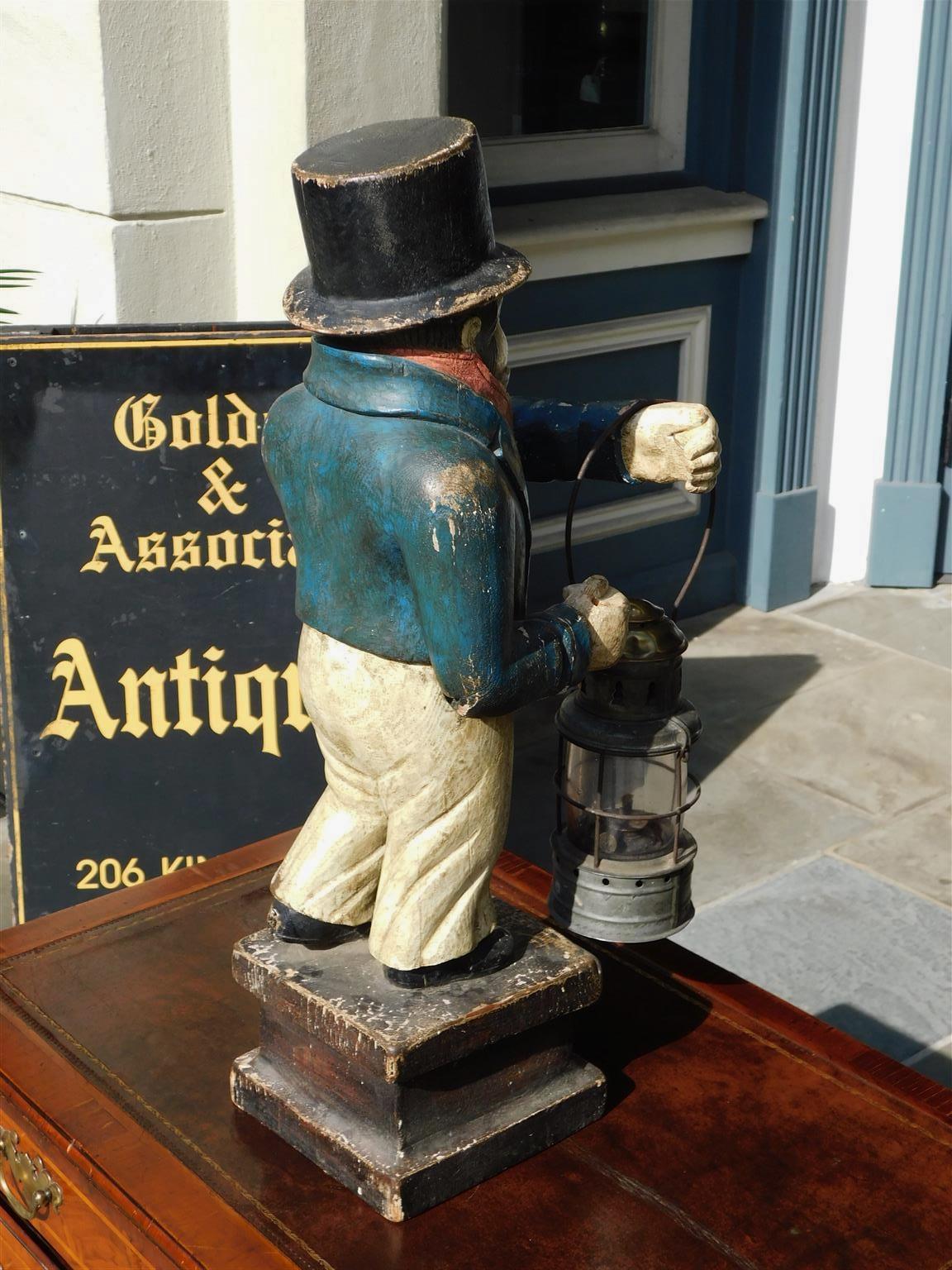 American Carved Wood & Painted Ship Officer on Watch with Ship Lantern, C. 1890  For Sale 3