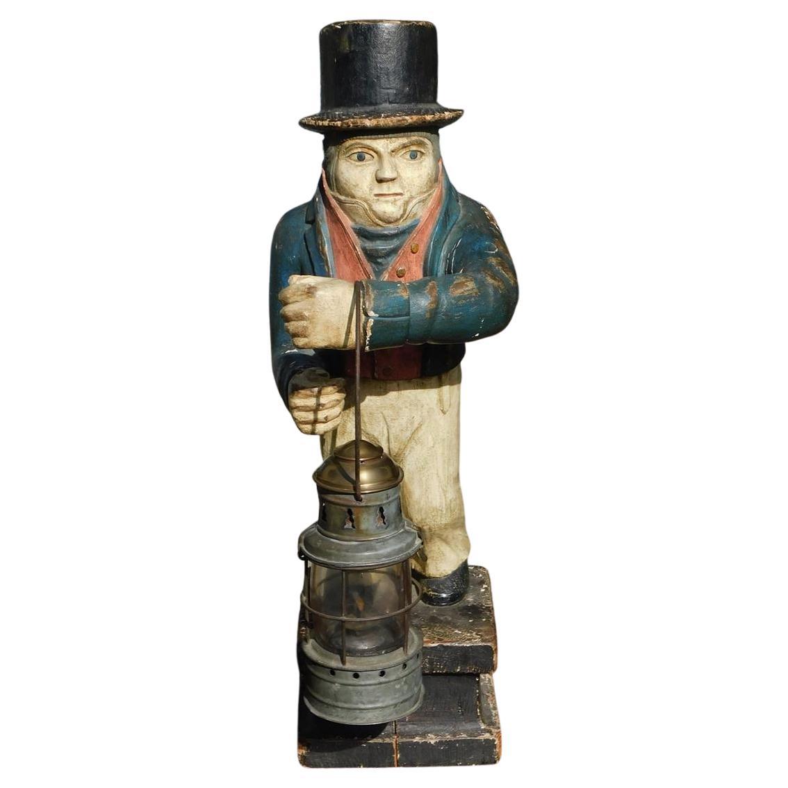American Carved Wood & Painted Ship Officer on Watch with Ship Lantern, C. 1890  For Sale