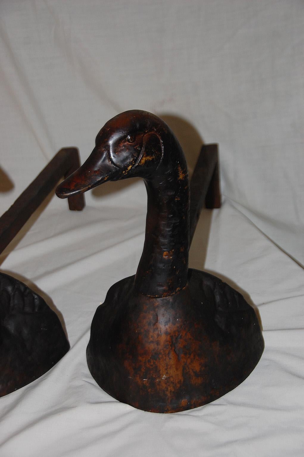 Country American Cast Brass Duck Andirons with Adjustable Heads