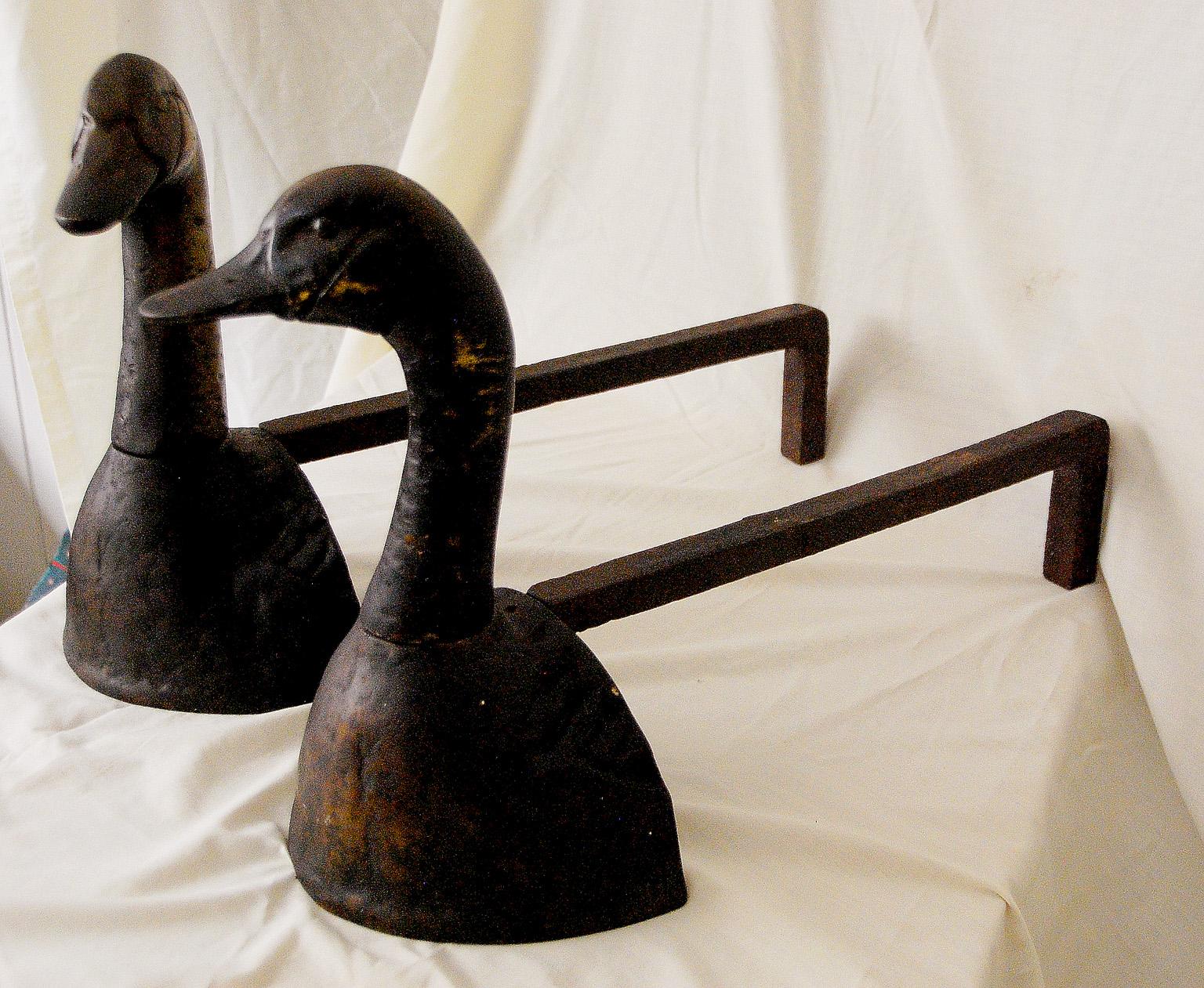American Cast Brass Duck Andirons with Adjustable Heads 1