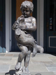 American Cast Bronze Garden Fountain with Figural Boy Holding Dolphin. C. 1870