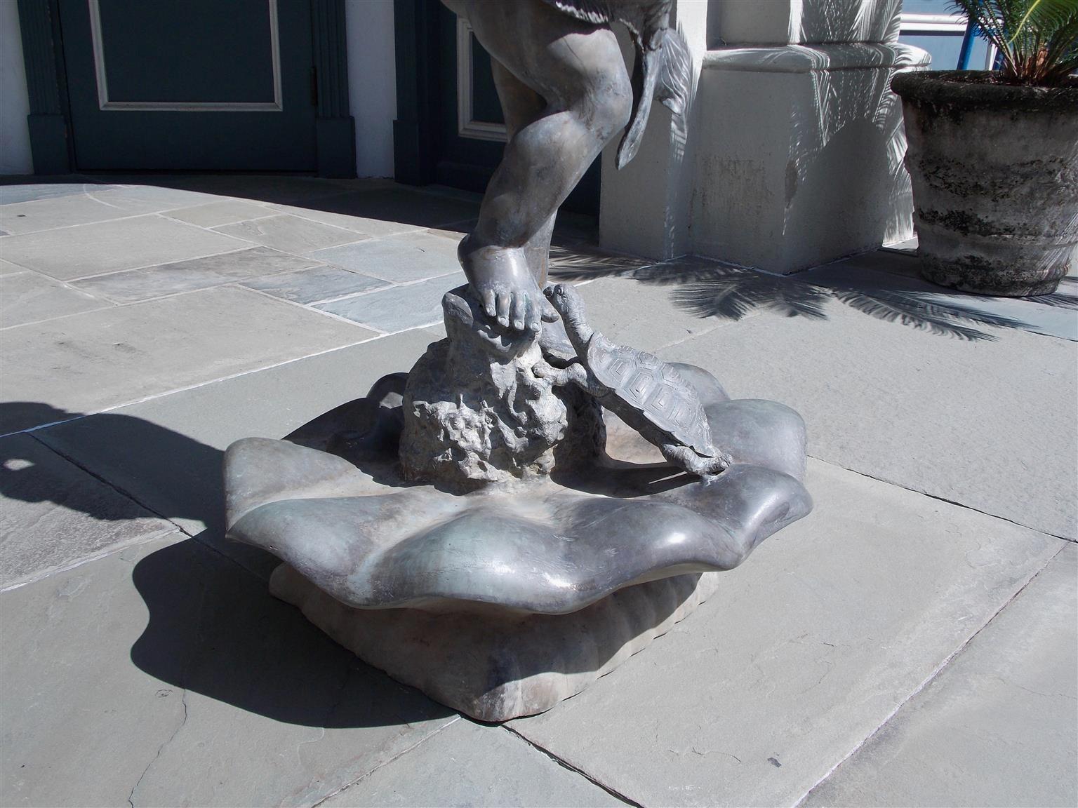 American Empire American Cast Bronze Garden Fountain with Figural Boy Holding Dolphin. C. 1870