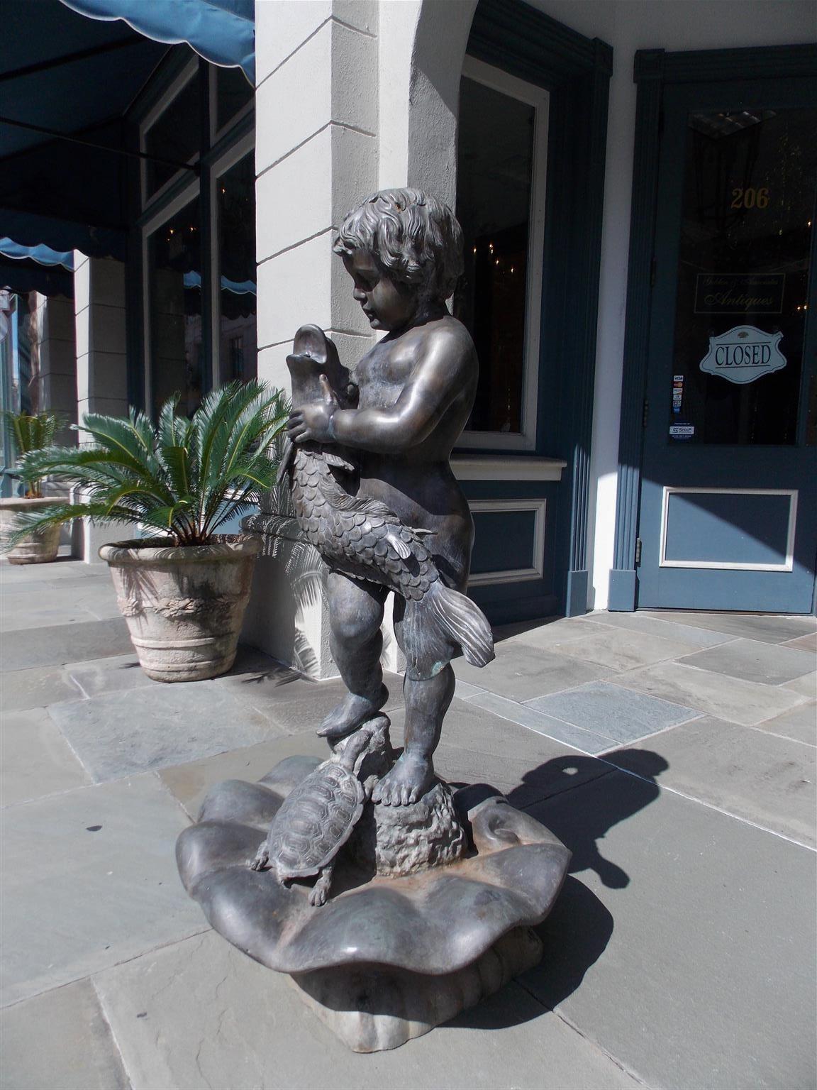American Cast Bronze Garden Fountain with Figural Boy Holding Dolphin. C. 1870 In Excellent Condition In Hollywood, SC