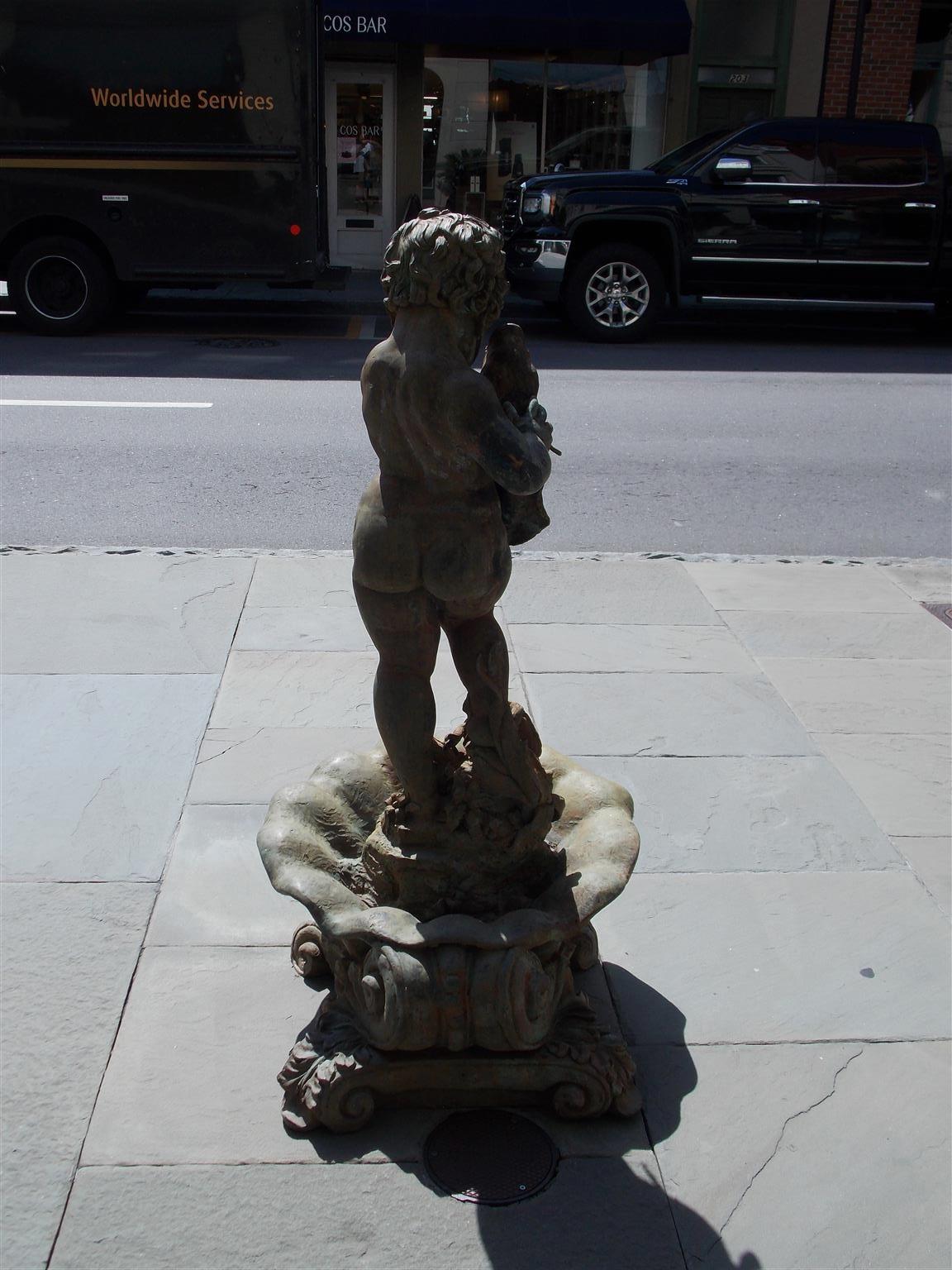 American Cast Bronze Garden Fountain with Figural Boy Holding Koi Fish. C. 1870 In Excellent Condition For Sale In Hollywood, SC