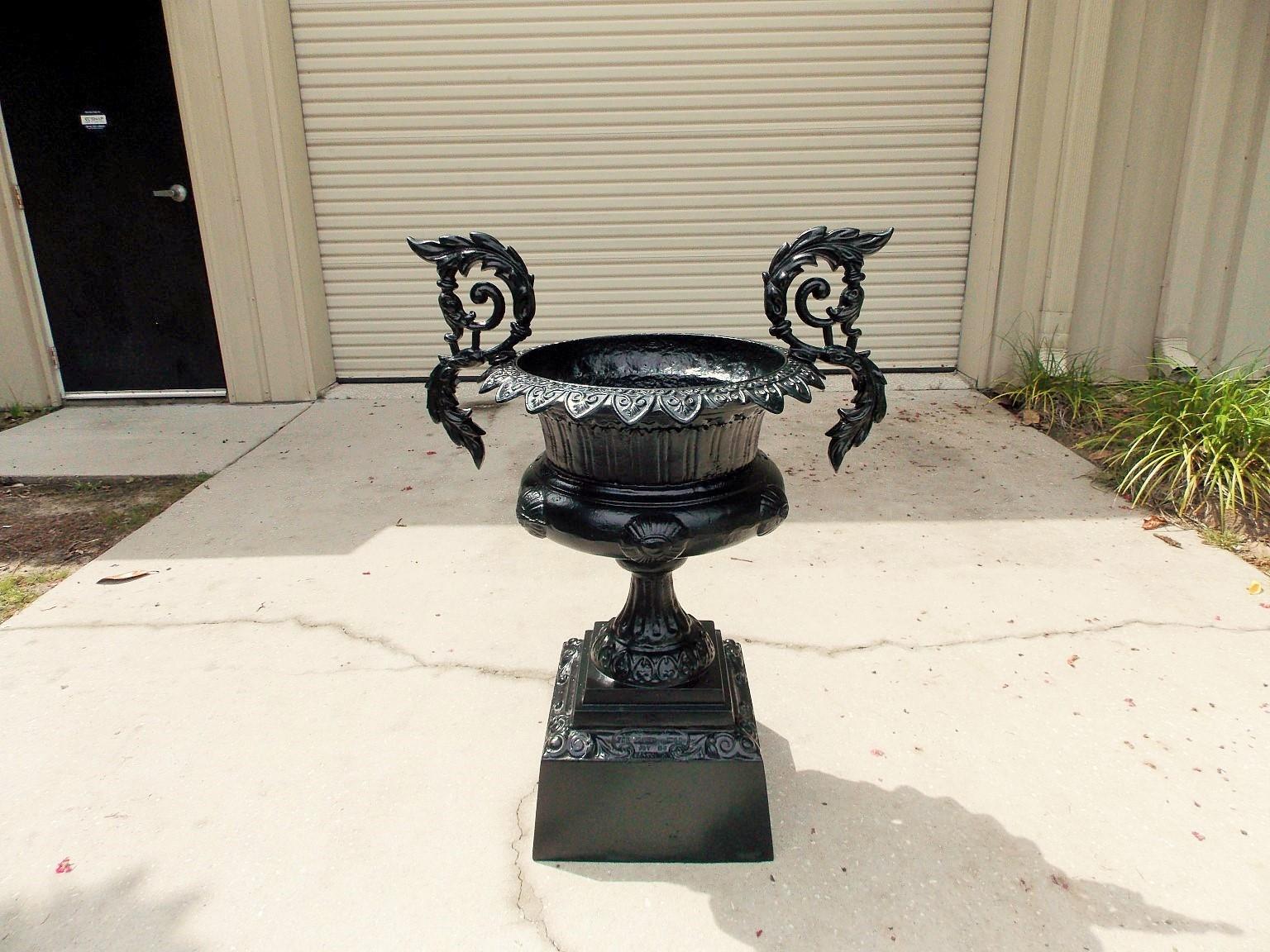 American Empire American Cast Iron Campana Floral Acanthus Garden Urn on Squared Plinth C. 1850 For Sale