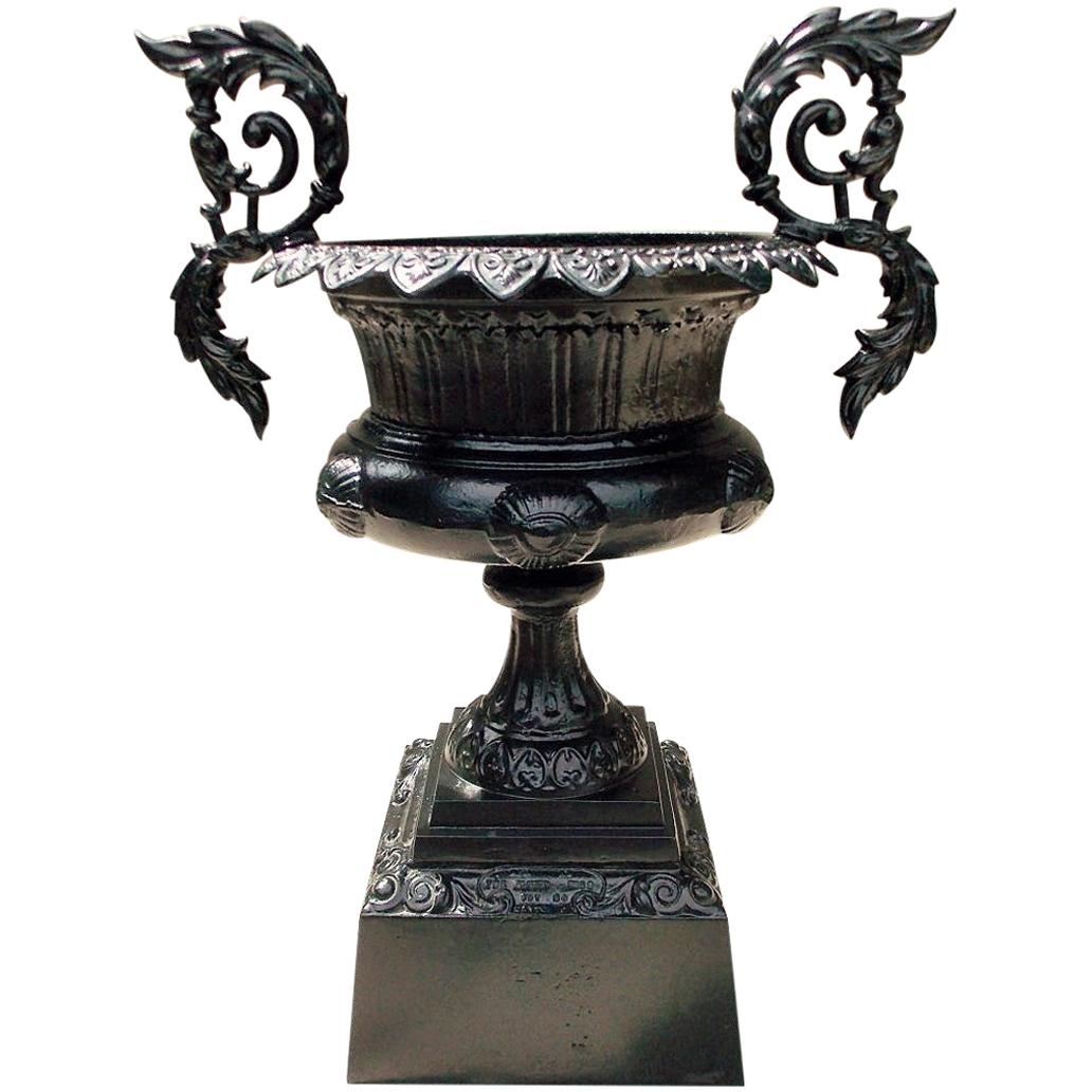 American Cast Iron Campana Floral Acanthus Garden Urn on Squared Plinth C. 1850 For Sale
