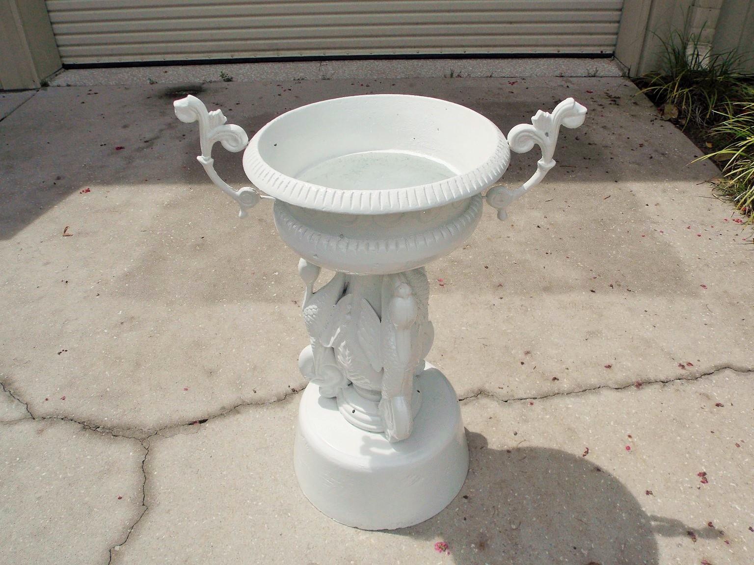 American Empire American Cast Iron Campana Swan & Foliage Garden Urn on Circular Plinth. C 1850